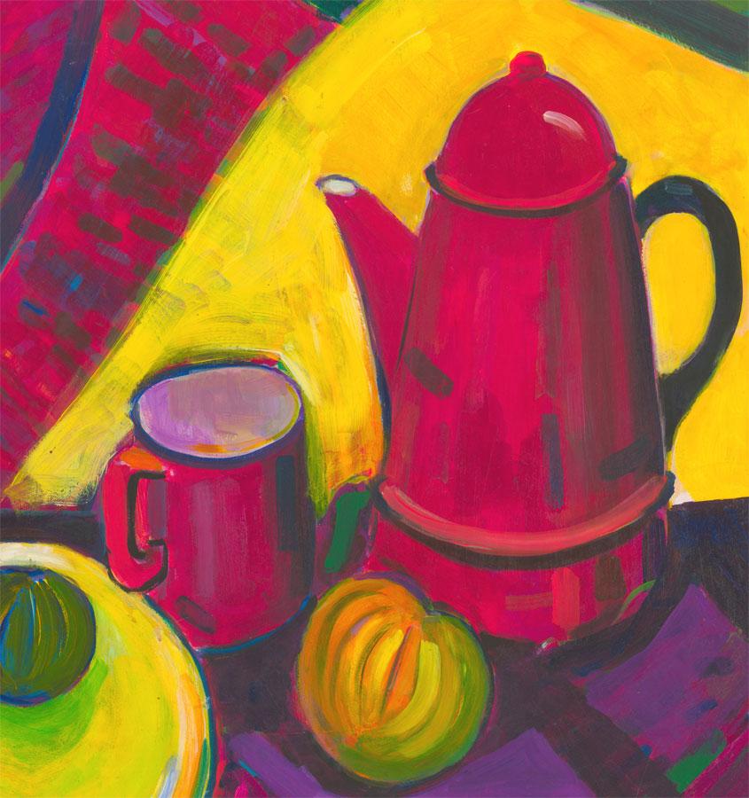 A wonderfully vibrant still life composition by the listed artist Edith Birkin, depicting a coffee pot, mug and fruits. With clashing tones and expressive brushstrokes Birkin has captured an exciting composition that is full of energy. Unsigned. On