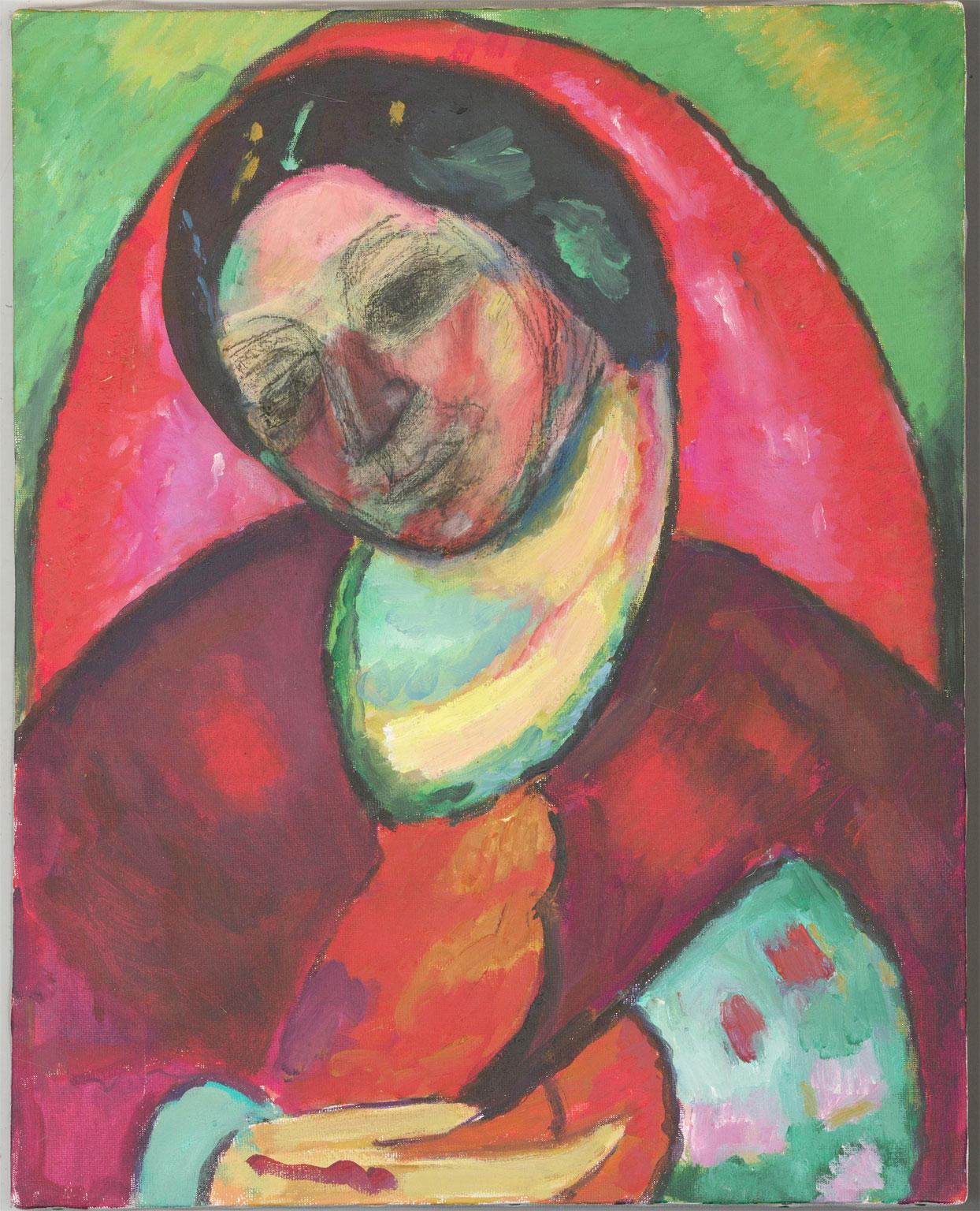 

A vibrant and colourful contemporary portrait in acrylic by the listed artist Edith Birkin (1927-2018), depicting the figure of the Madonna, a central icon prevalent in both the Catholic and Orthodox Churches. The figure has her head bowed to the