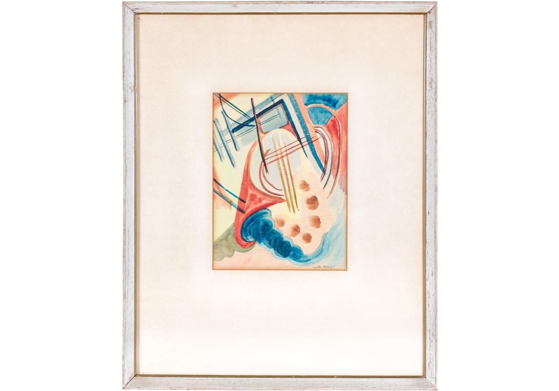 An American painter, born in Newport, RI, Edith Bozyan was awarded a scholarship to the Art Association in 1917, continued her life as a teacher and antiques dealer.
This is an abstract watercolor with bold lines and color pallet. 
Presented in a