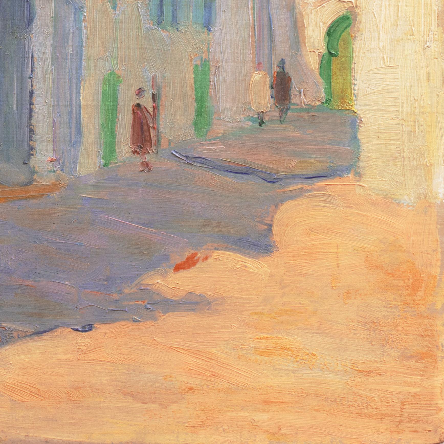 Signed lower left, 'Edith Briscoe Stevens' (American, 1898-1931), titled, verso, 'Rue de la Casbah, Tangier, Morocco' and painted circa 1920. Oil on chamfered, fruitwood panel bearing stamp of 'Lucien Lefevre-Foinet. 19, Vavin & 2, rue Bréa -