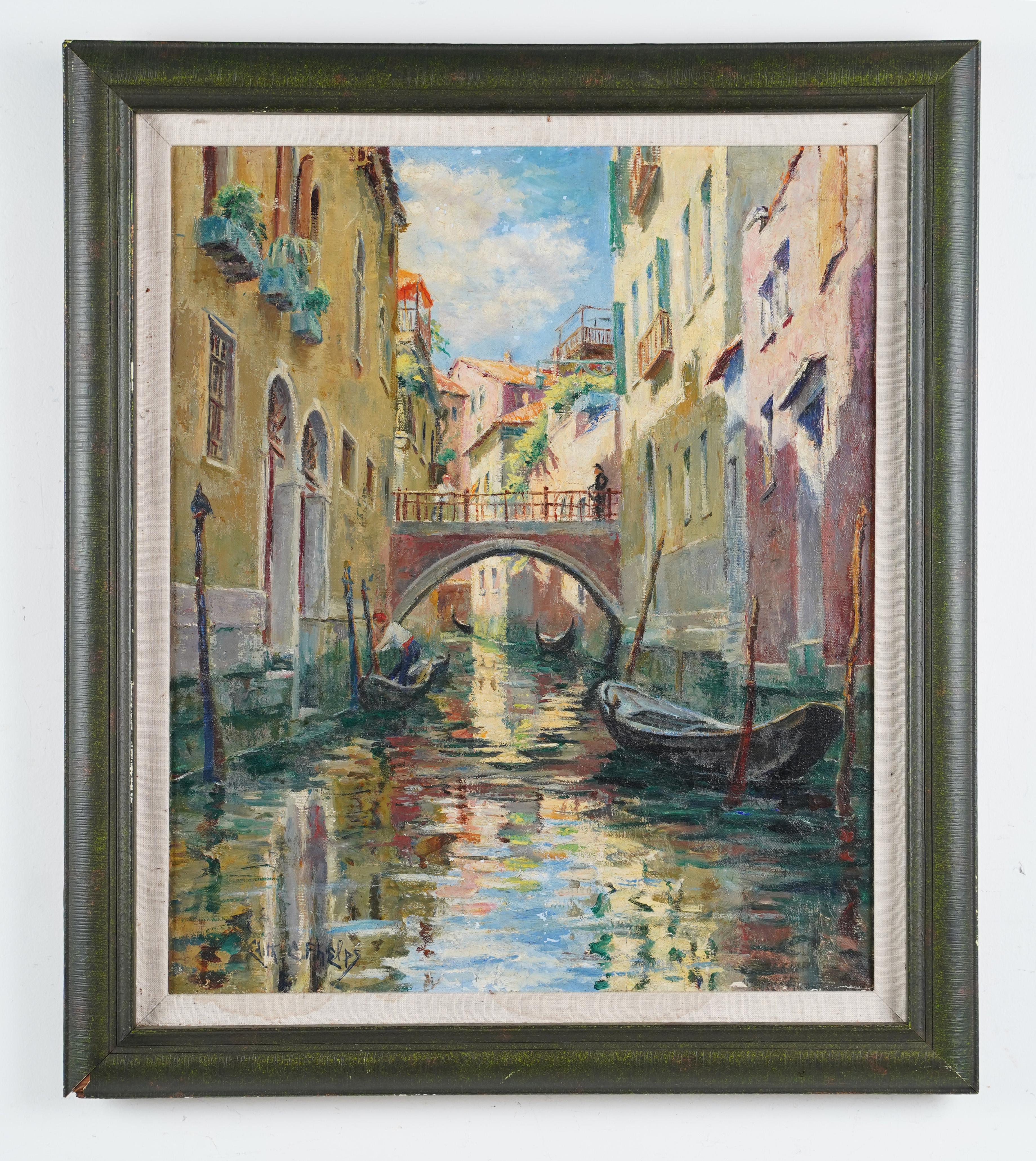 Antique American Female Impressionist Venice Italy Signed Cityscape Oil Painting - Gray Landscape Painting by Edith Catlin (Stowe) Phelps
