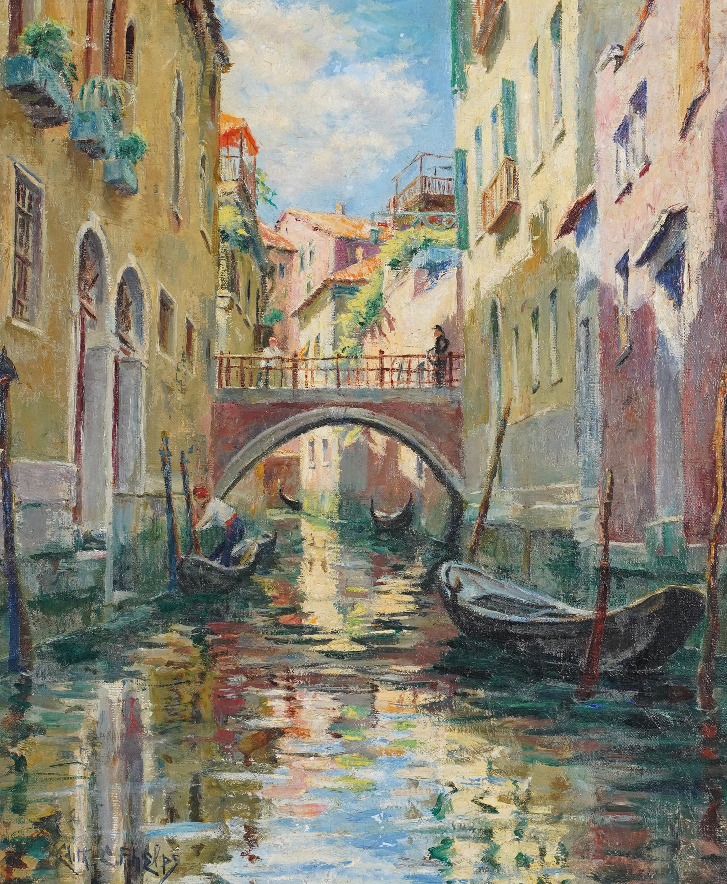 Antique American impressionist venice painting. Oil on board, circa 1930.  Housed in a period frame.  Signed.  Image size, 20L x 24H. 
