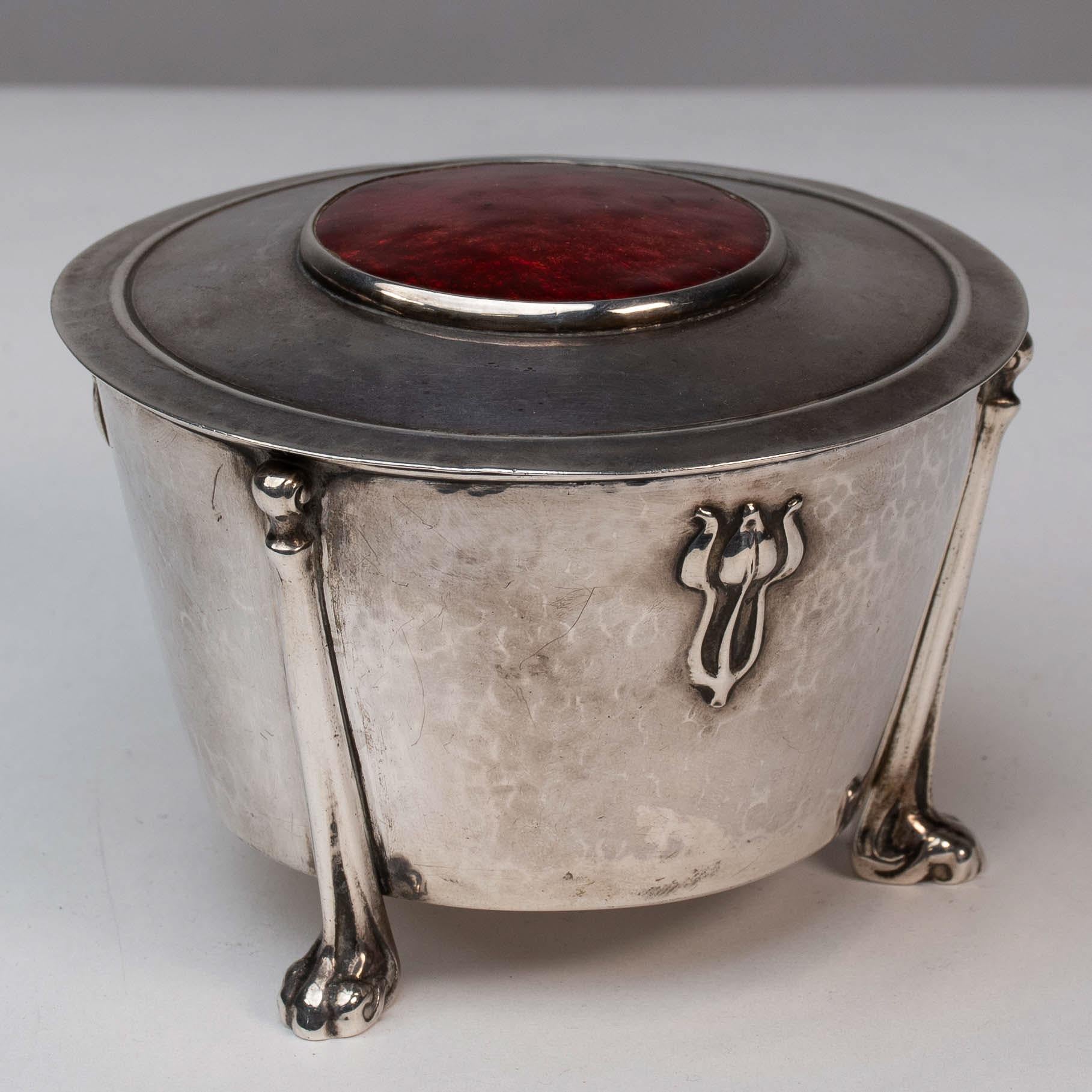 English Edith Dawson. An Arts & Crafts Silver Pot with Floral Details & A Red Enamel Lid For Sale