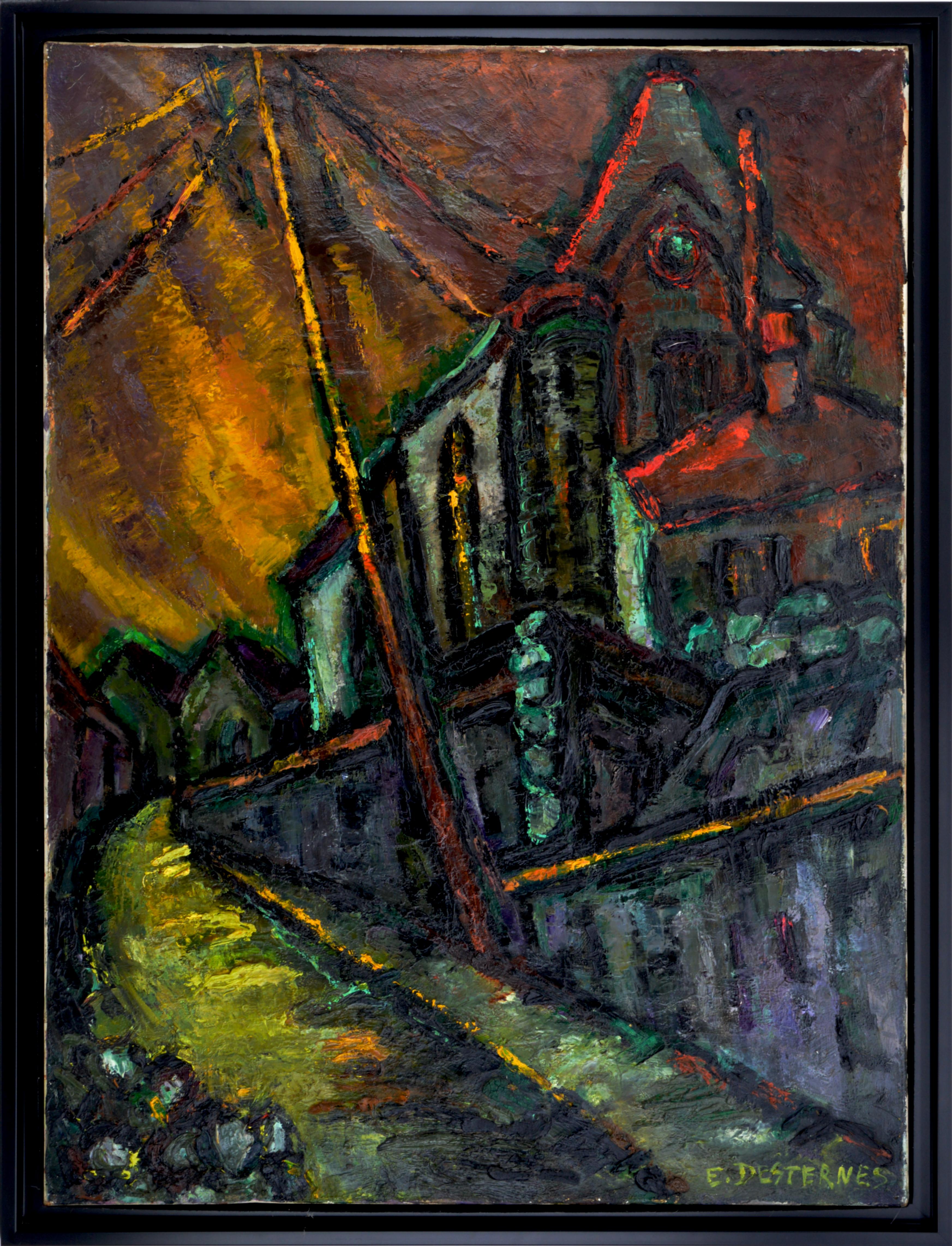 Huile sur toile d'Edith Desternes (1901-2000), France, années 1920. L'église Notre-Dame de l'Assomption à Auvers-sur-Oise. Cette église a été peinte en 1890 par Vincent van Gogh. Au premier abord, on est frappé par la force de ce travail. Puis, à