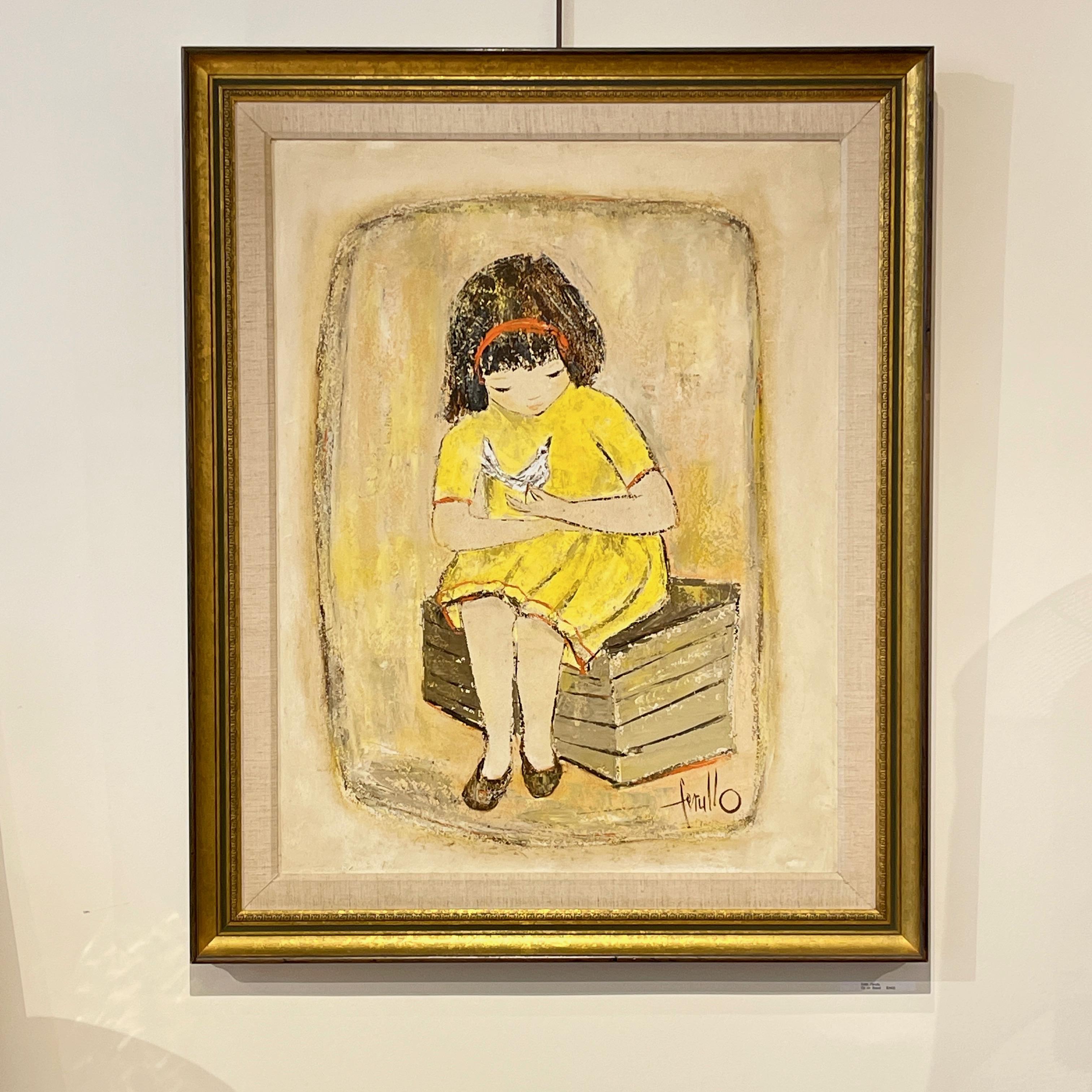 Large Edith Ferullo 'Girl in Yellow Dress w. Bird' Framed Painting on Board 7