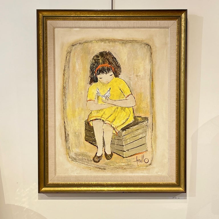 Large Edith Ferullo 'Girl in Yellow Dress w. Bird' Framed Painting on Board For Sale 10