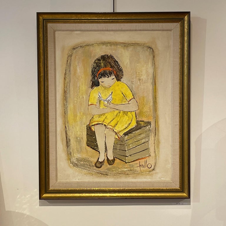 Stunning original Edith Ferullo painting on board in a spectacular gold frame. Whimsical and sweet composition of a young girl in a yellow dress with a head band holding a bird.