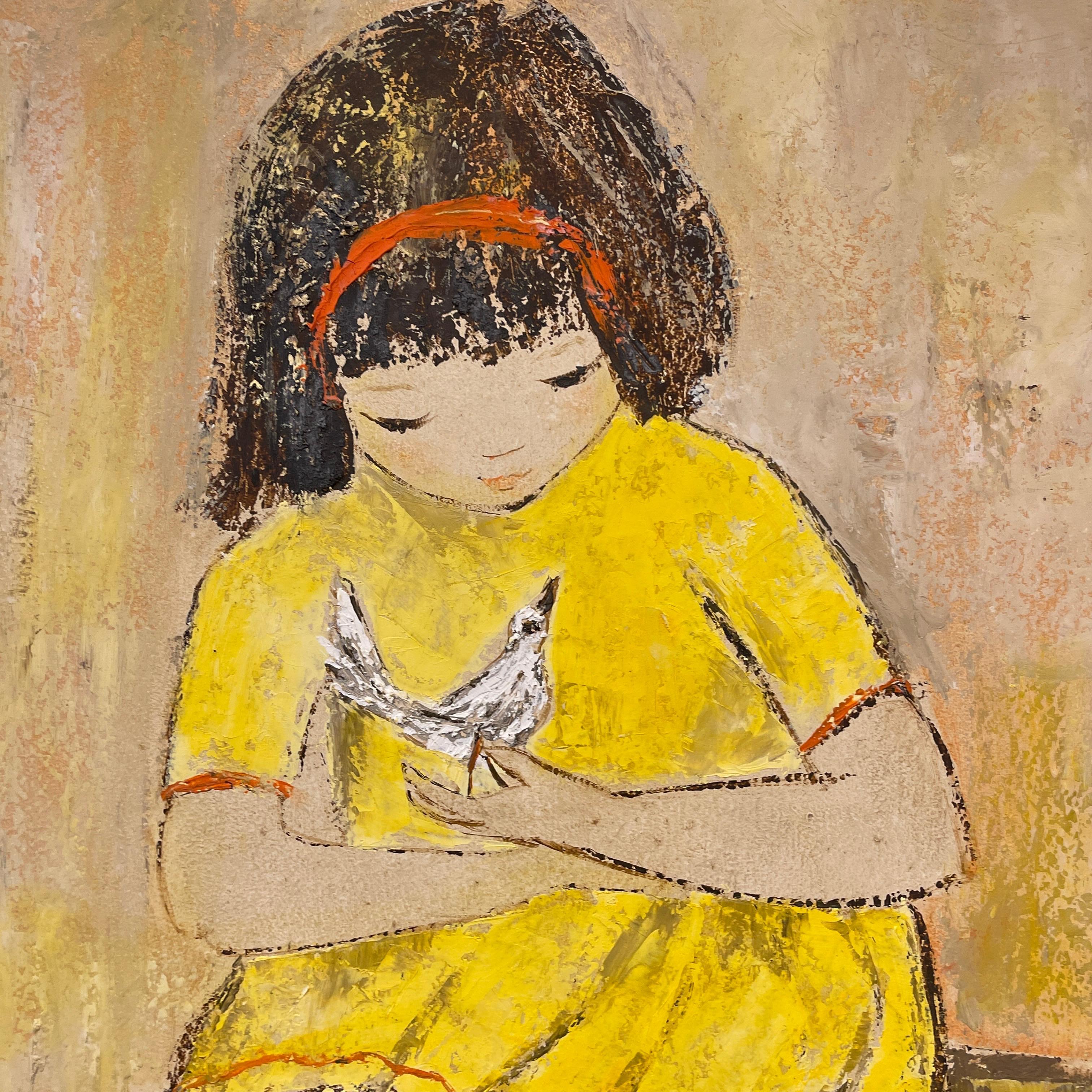 Stunning original Edith Ferullo painting on board in a spectacular gold frame. Whimsical and sweet composition of a young girl in a yellow dress with a head band holding a bird.