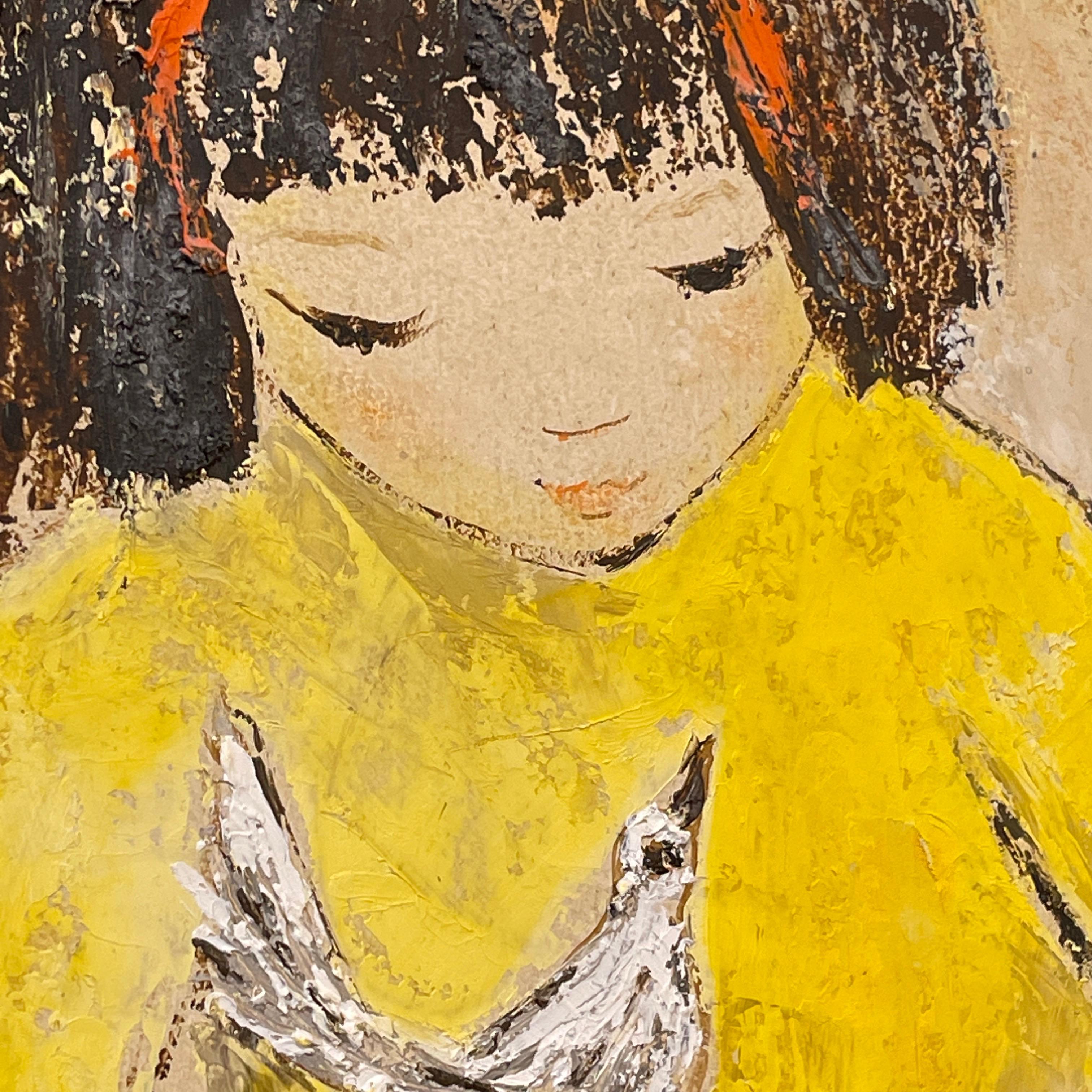 Large Edith Ferullo 'Girl in Yellow Dress w. Bird' Framed Painting on Board 1