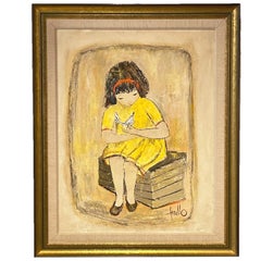 Vintage Large Edith Ferullo 'Girl in Yellow Dress w. Bird' Framed Painting on Board