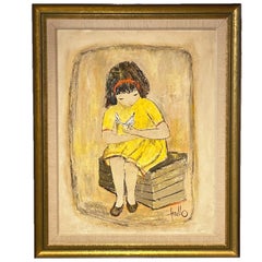 Large Edith Ferullo 'Girl in Yellow Dress w. Bird' Framed Painting on Board