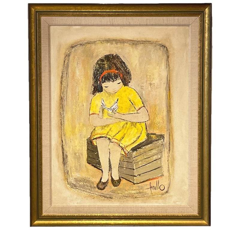 Edith E. Ferullo Figurative Painting - Large Edith Ferullo 'Girl in Yellow Dress w. Bird' Framed Painting on Board