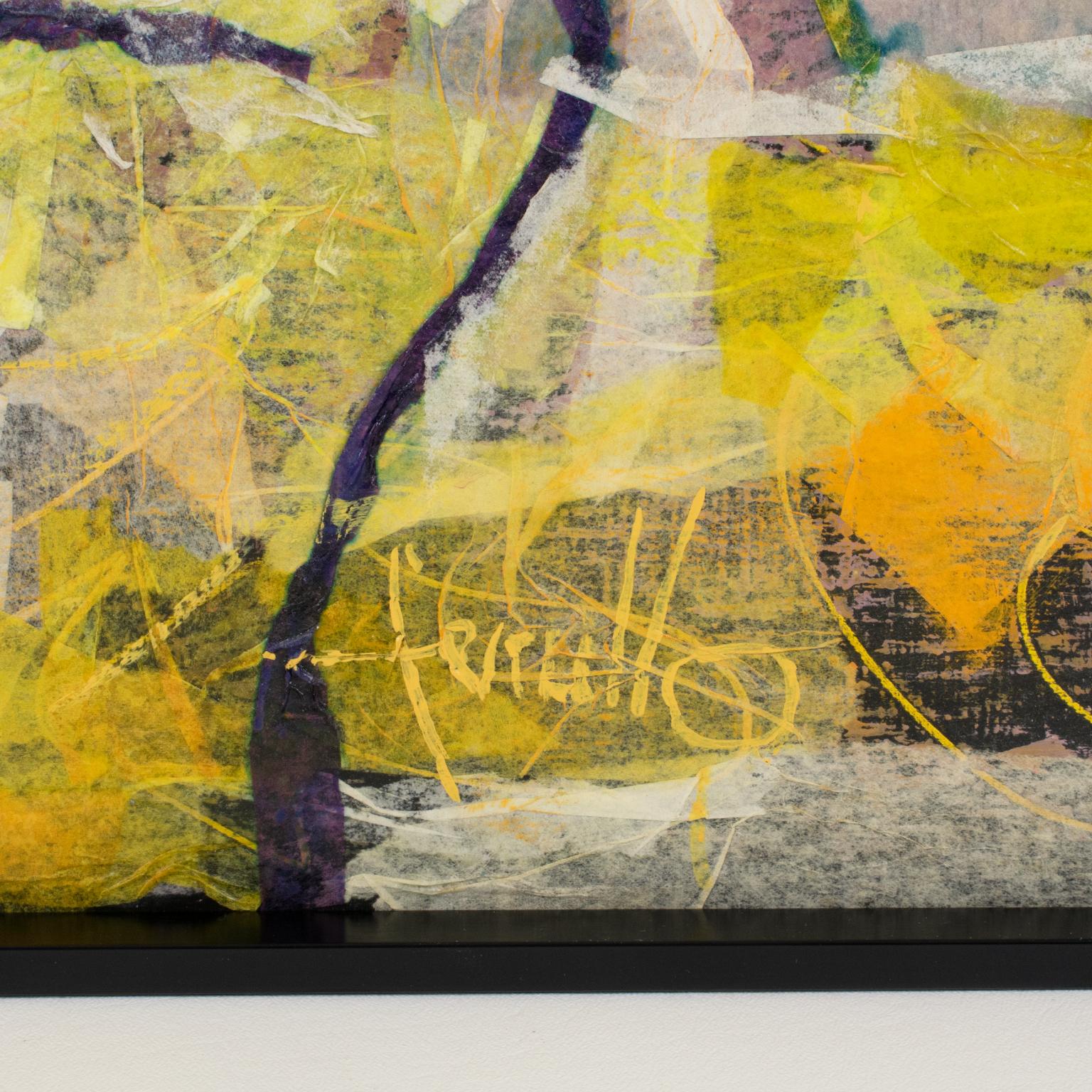 Original Mid-Century mixed media composition by American Artist Edith E. Ferullo (1928 - 2008). Featuring a thick textured abstract expressionist subject, the composition incorporates lovely vivid hues with defining brush strokes, mixed with paper