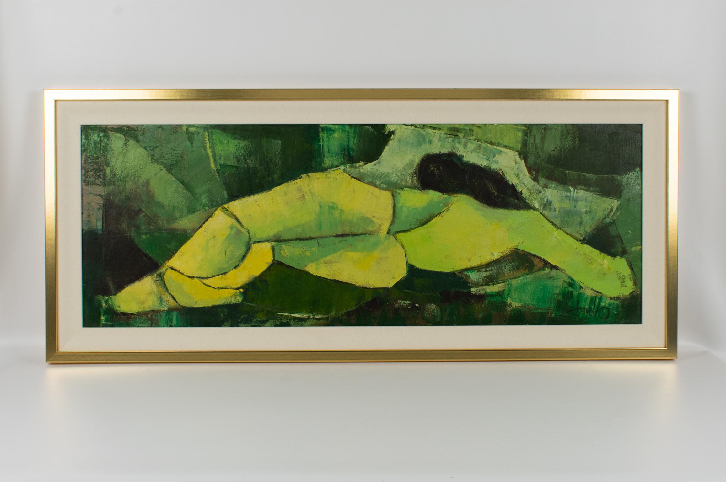 Original Mid-Century oil on canvas composition by American Artist Edith E. Ferullo (1928 - 2008). The painting features a thick textured abstract nude subject. The brutalist artwork incorporates lovely vivid green and yellow hues with defining brush