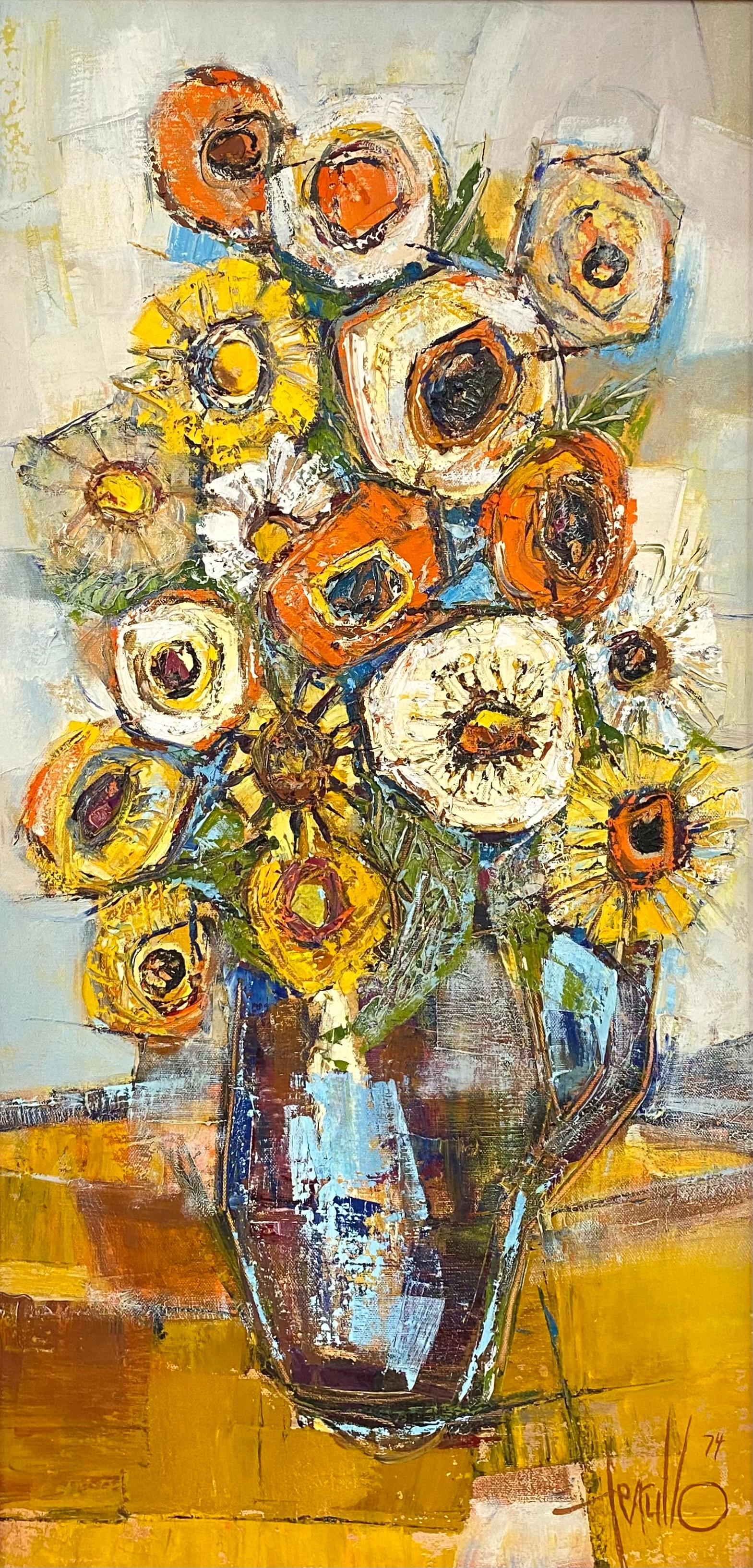 “Poppies and Sunflowers” - Post-Modern Painting by Edith E. Ferullo