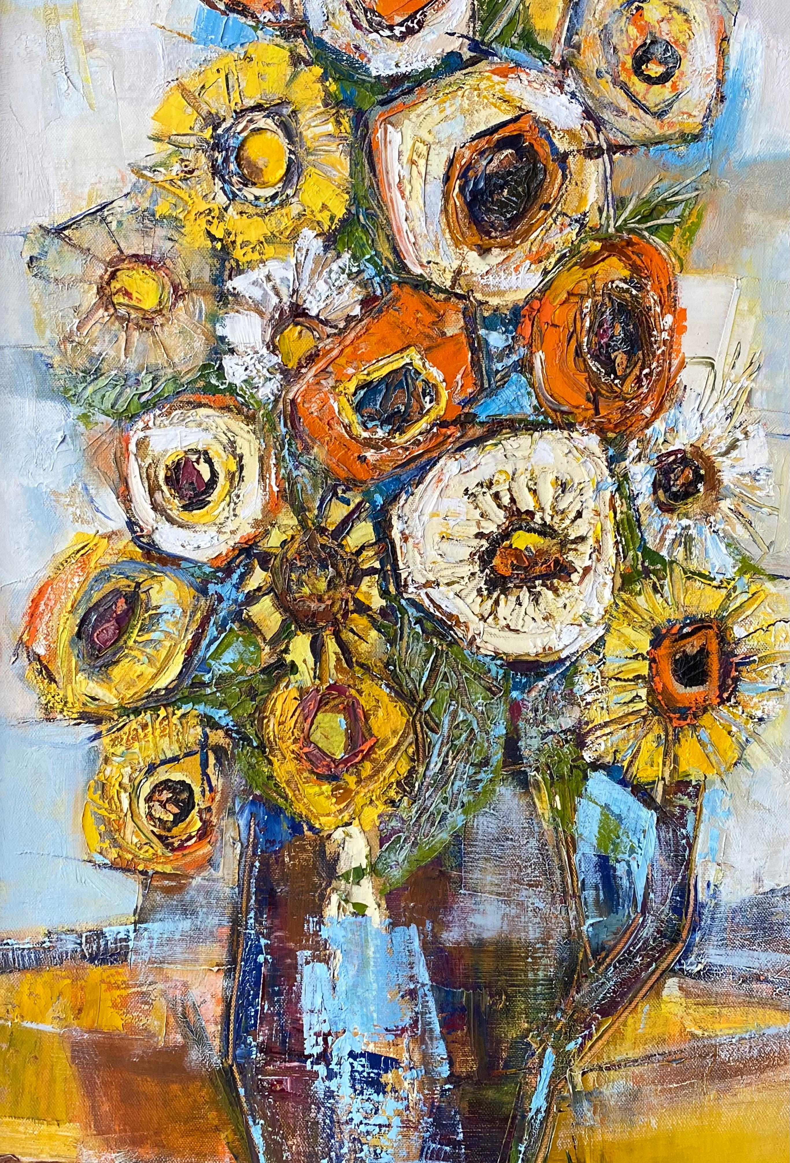Here for consideration is a richly painted in a thick impasto technique; a vibrant and stylized vase overflowing with poppies and sunflowers.  Signed by the artist Edith E. Ferullo lower right “Ferullo” and dated 1974.  Condition of the painting is