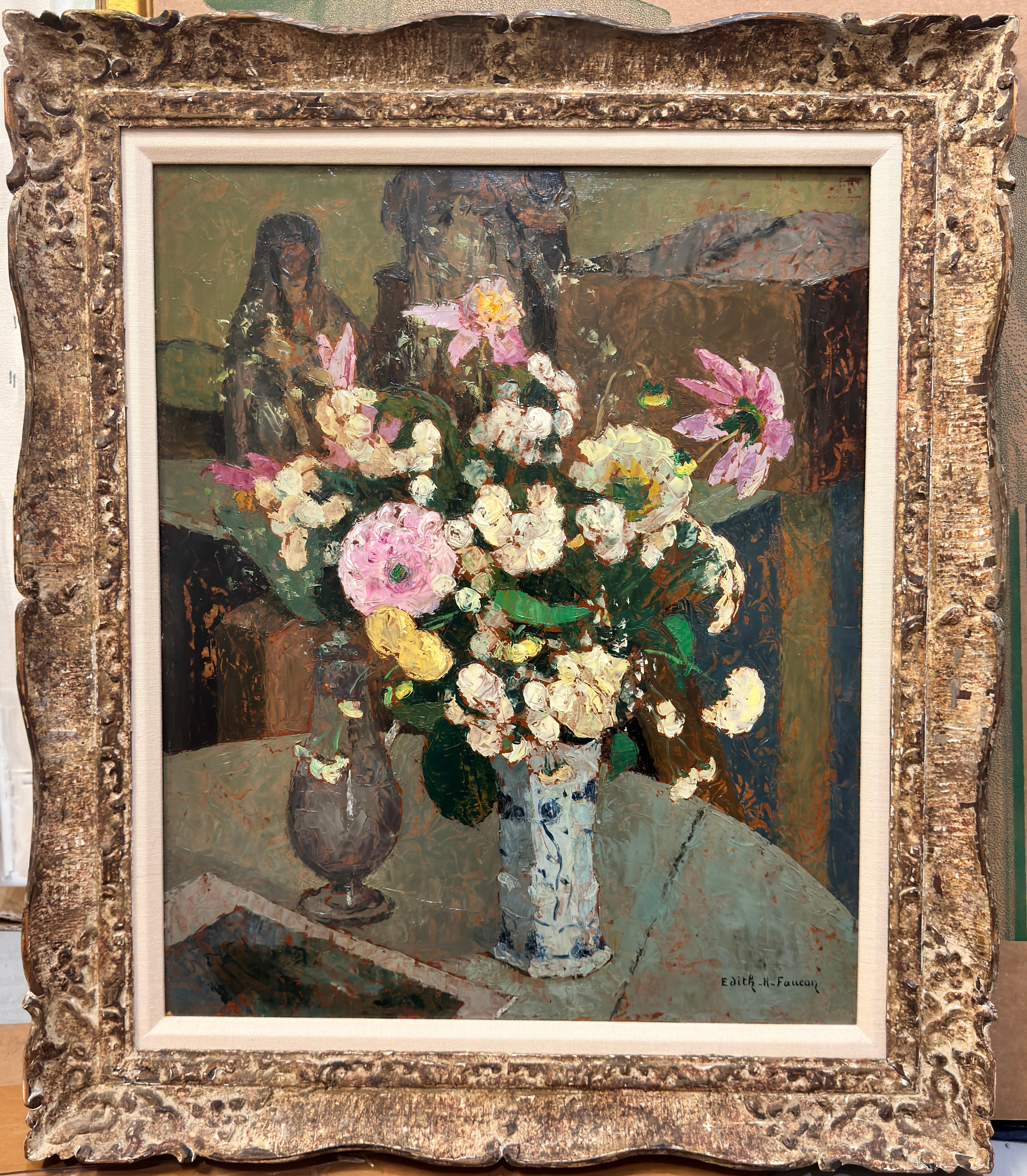 Flores en un jarrón Naturaleza muerta moderna de mediados de siglo - Painting de Edith Faucon