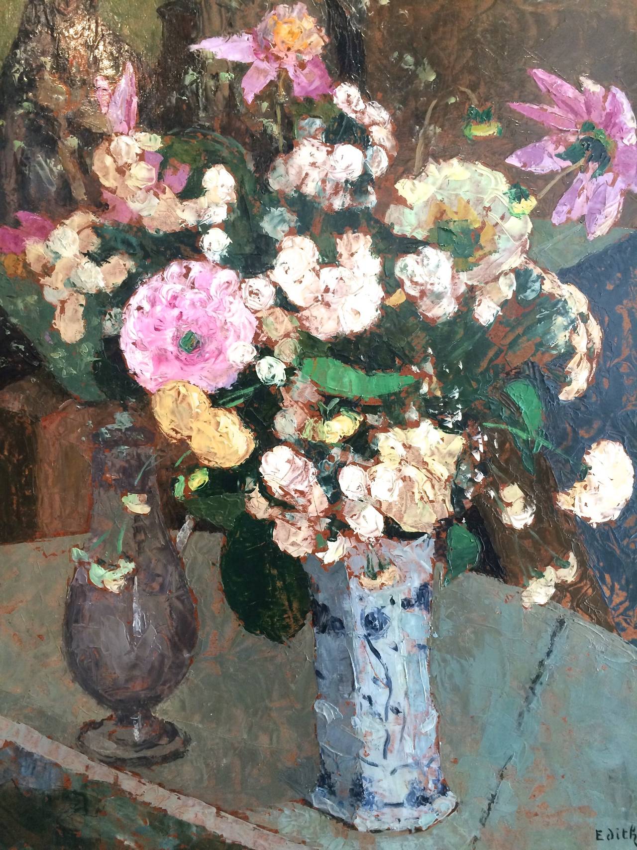 Nature morte française avec bouquet de fleurs - Post-impressionnisme Painting par Edith Faucon