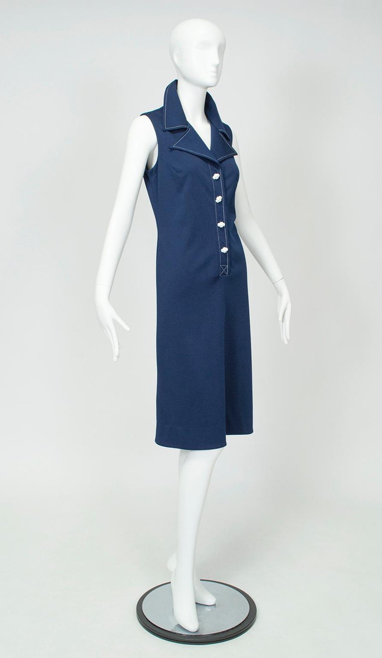 Purple Edith Flagg Navy Sleeveless Sailor Trumpet Dress with Nautical Buttons–M, 1960s For Sale