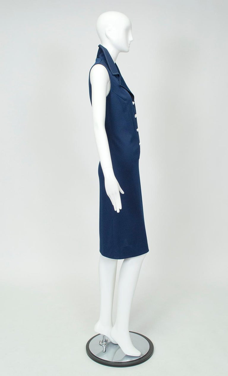 Edith Flagg Navy Sleeveless Sailor Trumpet Dress with Nautical Buttons–M, 1960s In Excellent Condition For Sale In Tucson, AZ