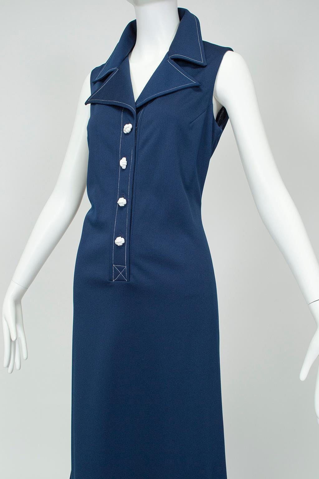 Purple Sleeveless Navy Jersey Sailor Dress with Nautical Buttons – M, 1960s For Sale