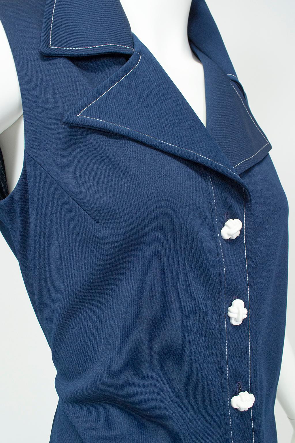 Women's Sleeveless Navy Jersey Sailor Dress with Nautical Buttons – M, 1960s For Sale