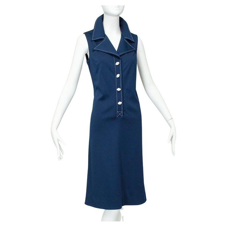 Edith Flagg Navy Sleeveless Sailor Trumpet Dress with Nautical Buttons–M, 1960s For Sale