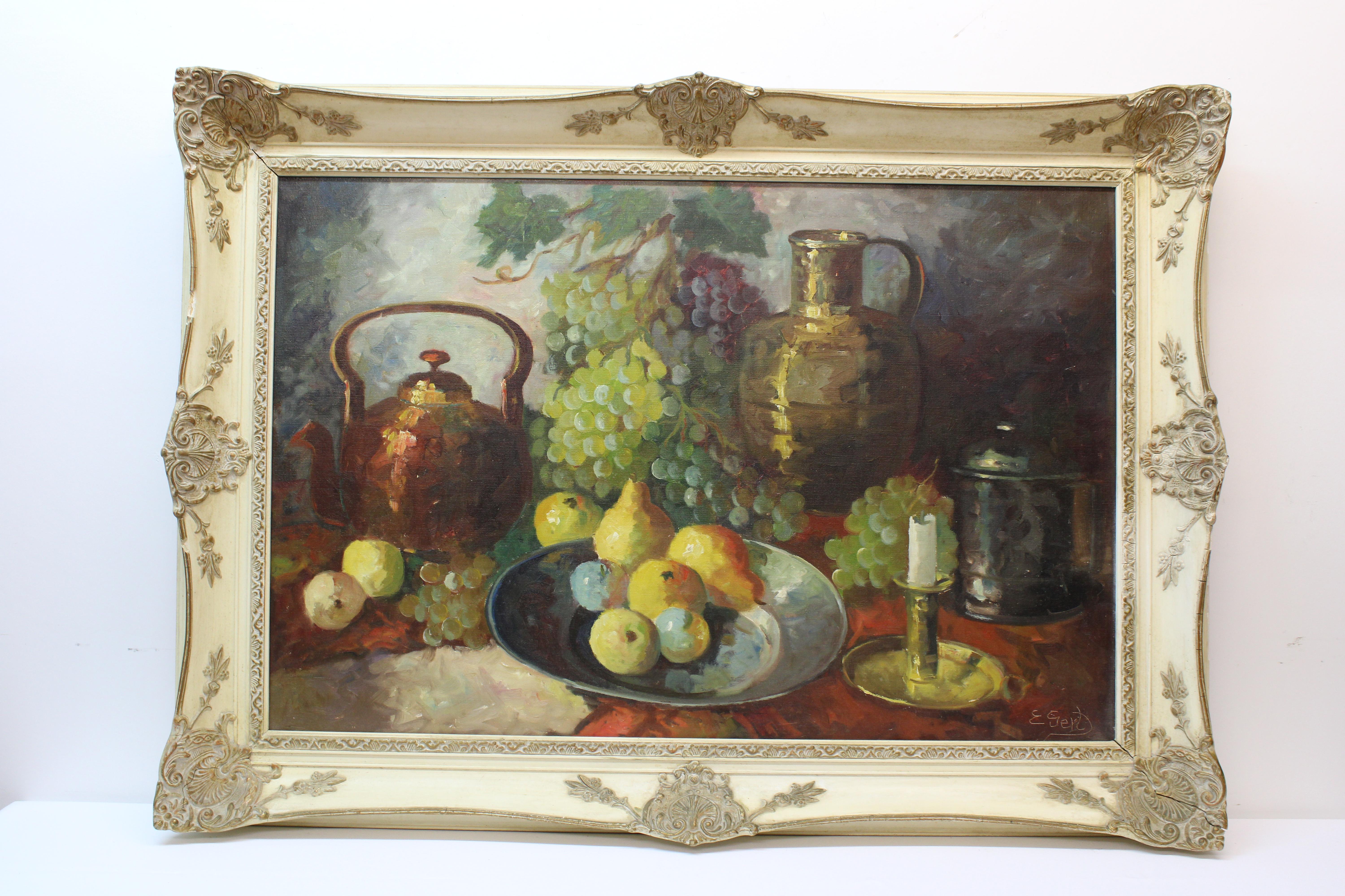 Edith Gert Still-Life Painting - E. Gert Fruit Still Life Painting w/Pitcher & Candelabra 