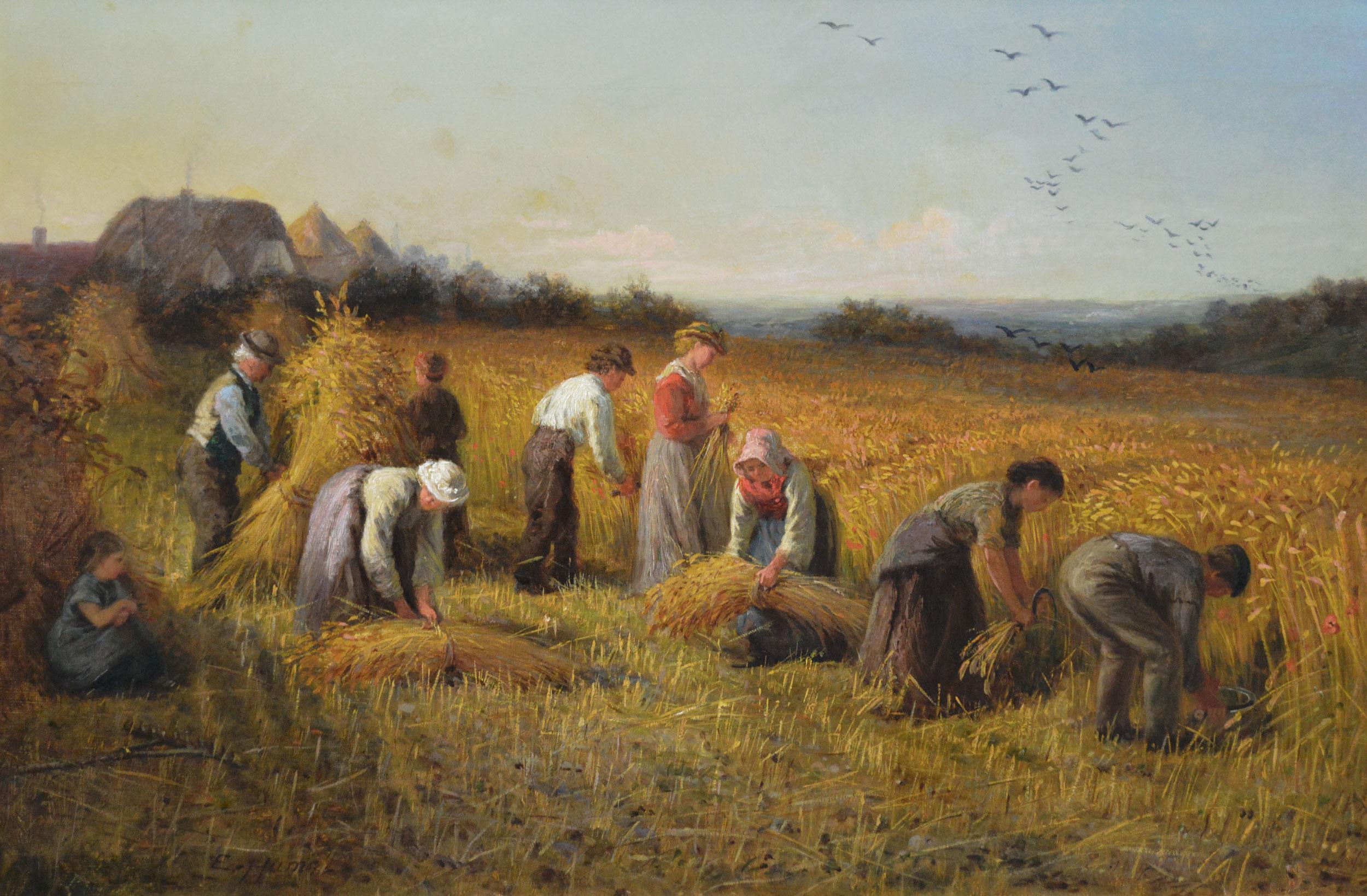 Paesaggio del 19° secolo dipinto a olio con mietitori che raccolgono il grano - Painting di Edith Hume