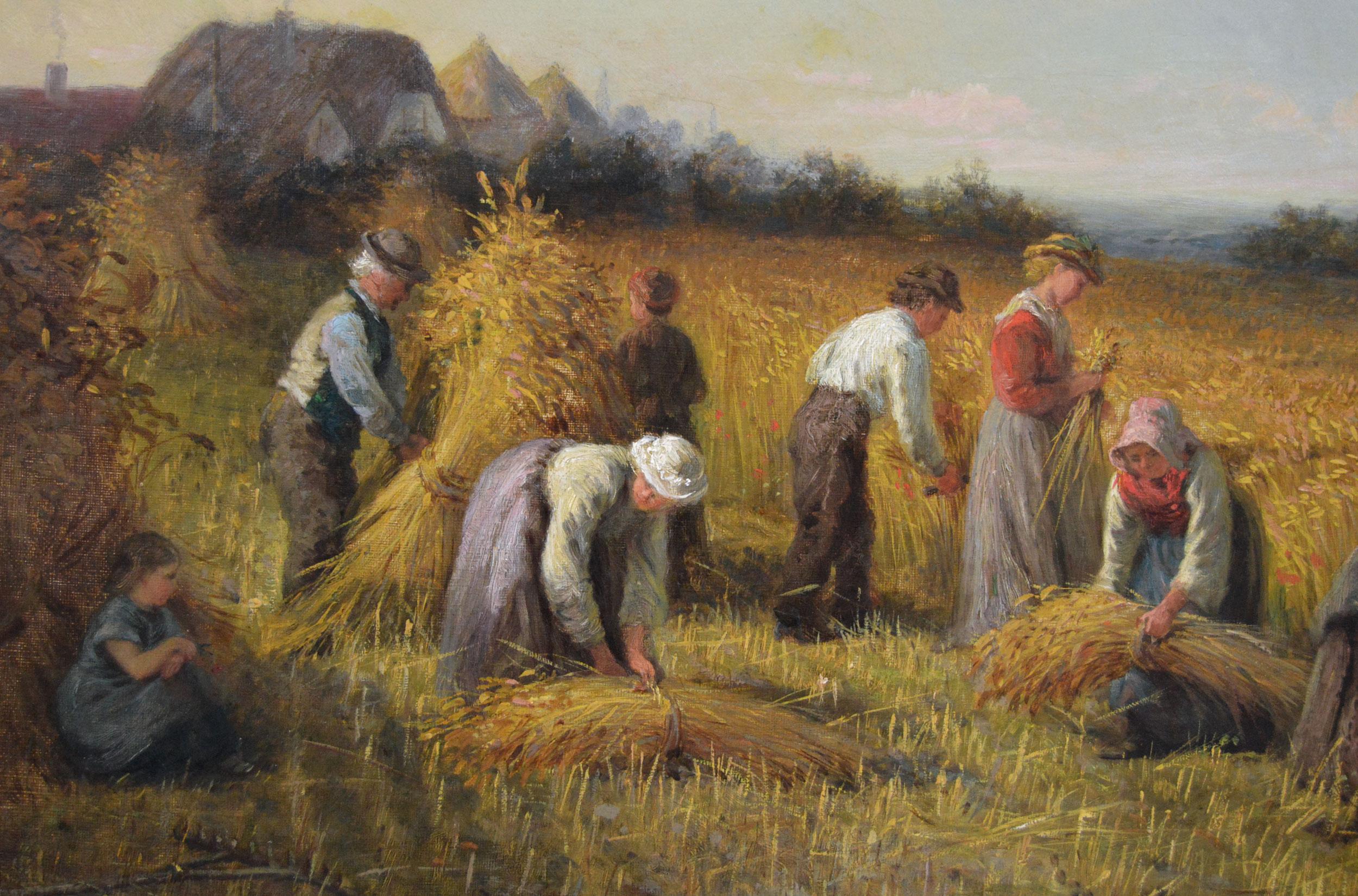 Paesaggio del 19° secolo dipinto a olio con mietitori che raccolgono il grano - Painting Vittoriano di Edith Hume