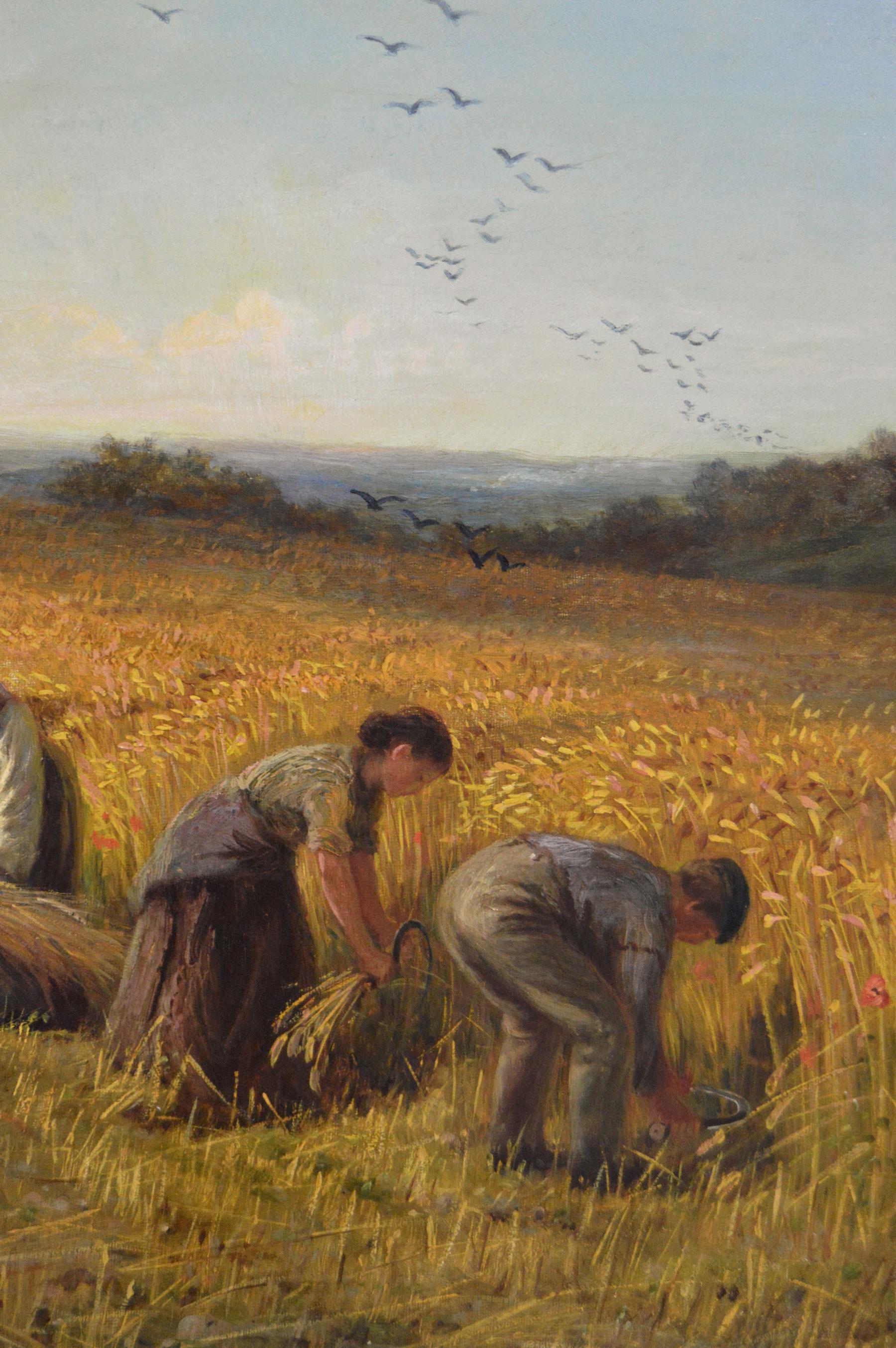 Paesaggio del 19° secolo dipinto a olio con mietitori che raccolgono il grano - Figurative Painting Marrone di Edith Hume