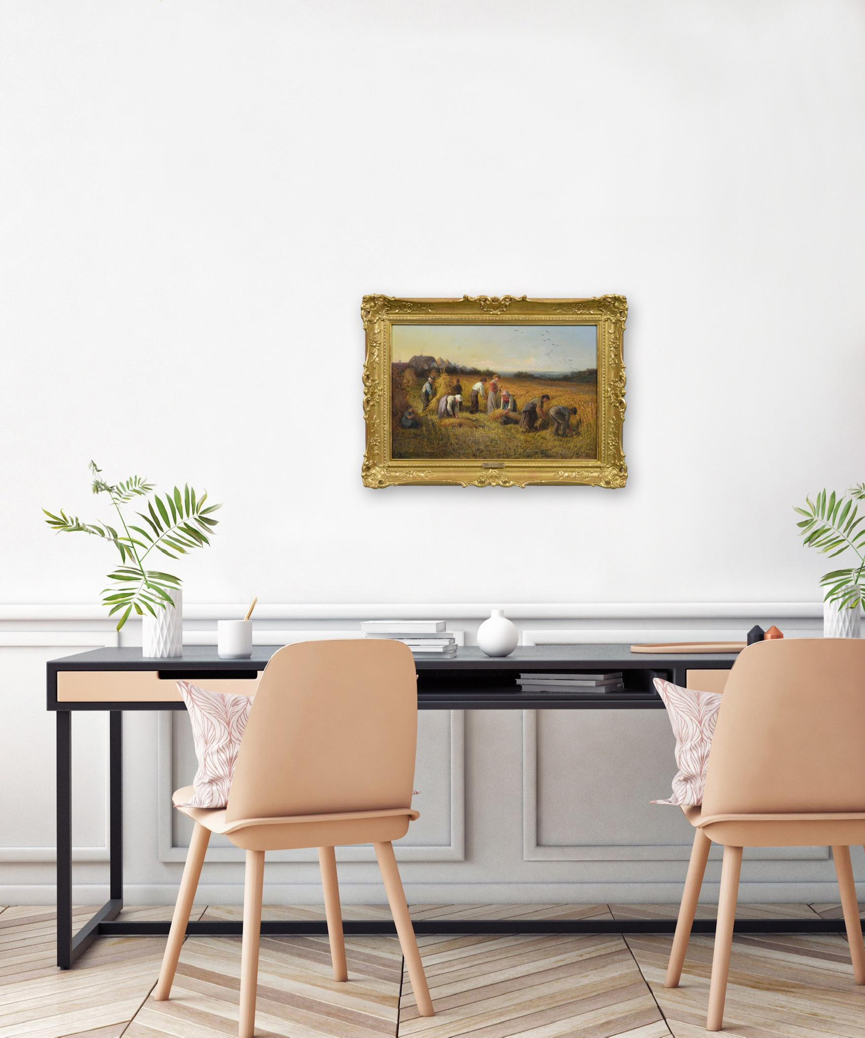 Paesaggio del 19° secolo dipinto a olio con mietitori che raccolgono il grano in vendita 1
