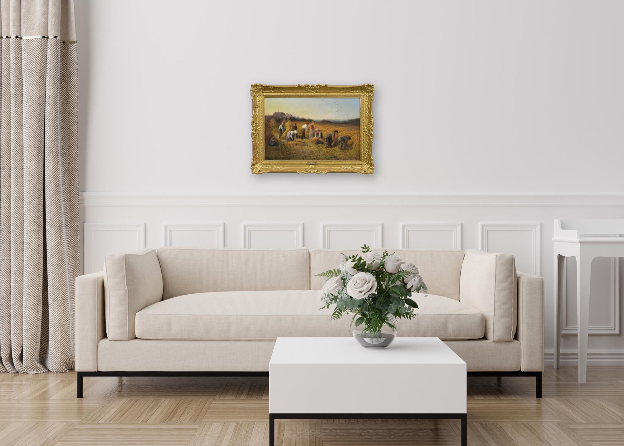 Paesaggio del 19° secolo dipinto a olio con mietitori che raccolgono il grano in vendita 2