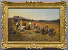 Paesaggio del 19° secolo dipinto a olio con mietitori che raccolgono il grano