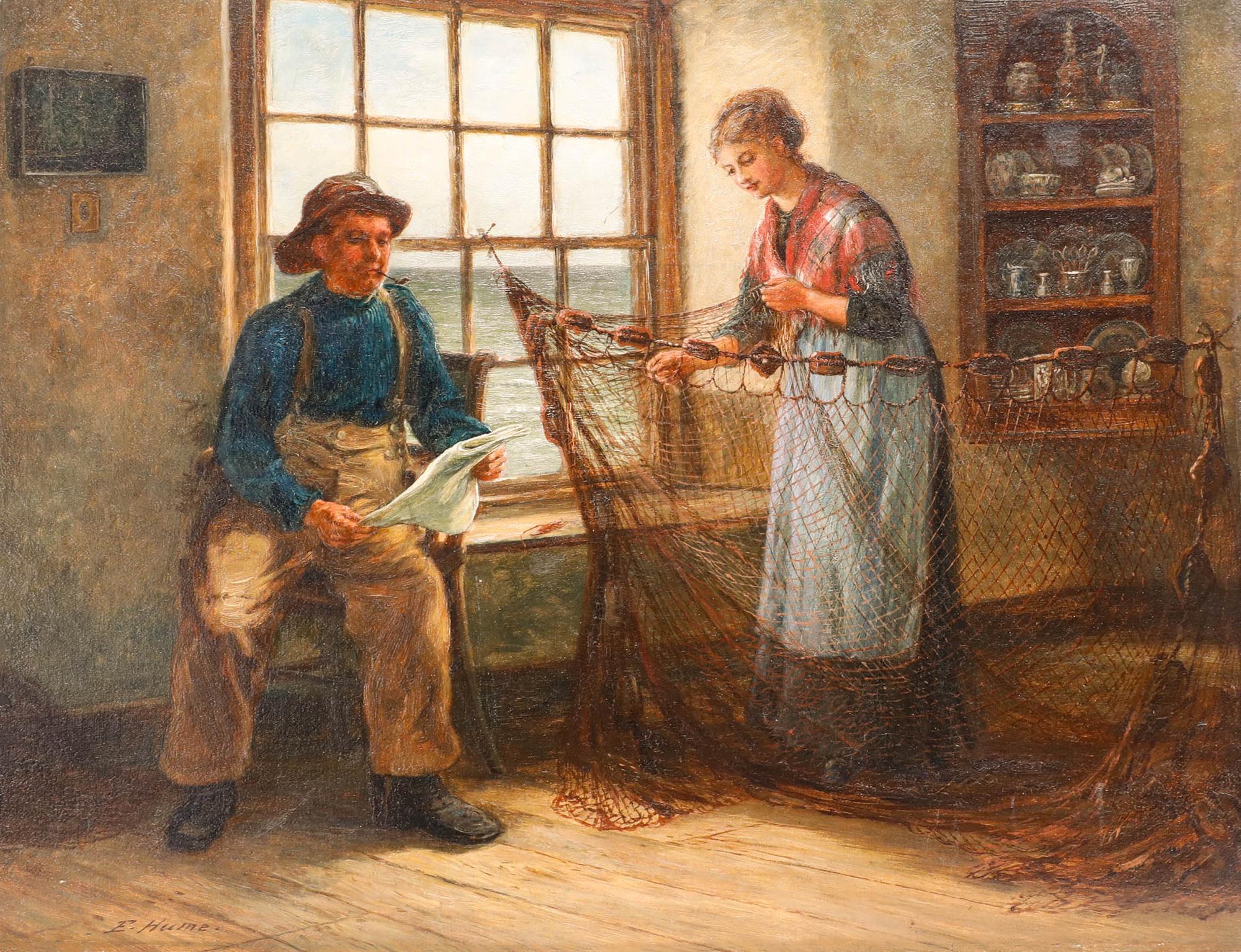Edith Hume (1843-1906) - Olio del XIX secolo, rammendo di reti in vendita 1