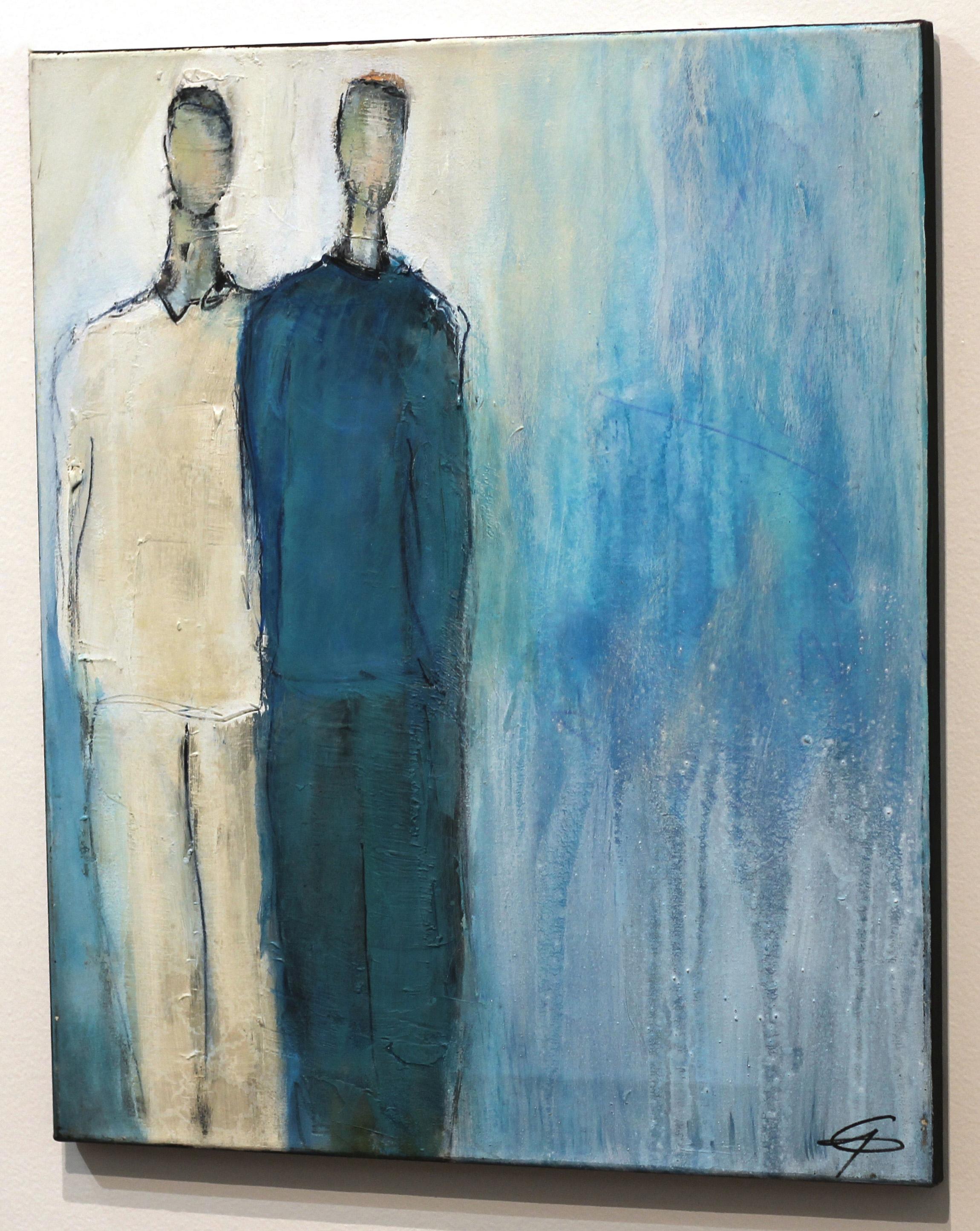 Swiss artist Edith Konrad paints figurative abstract compositions with mixed media on canvas. She layers her expression of her emotional response to the subjects with dynamic textures and subtle patterns in her artworks. The thick layers of paint