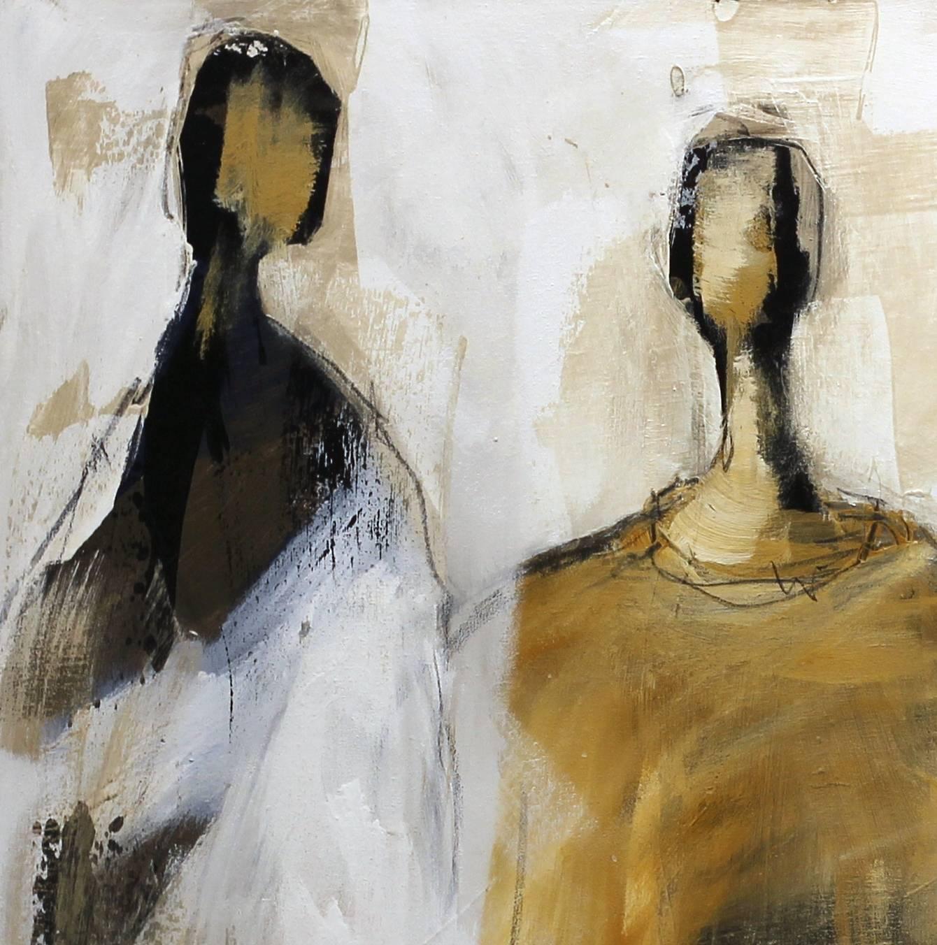 Swiss artist Edith Konrad paints figurative abstract compositions with mixed media on canvas. She layers her expression of her emotional response to the subjects with dynamic textures and subtle patterns in her artworks. The thick 3 dimensional