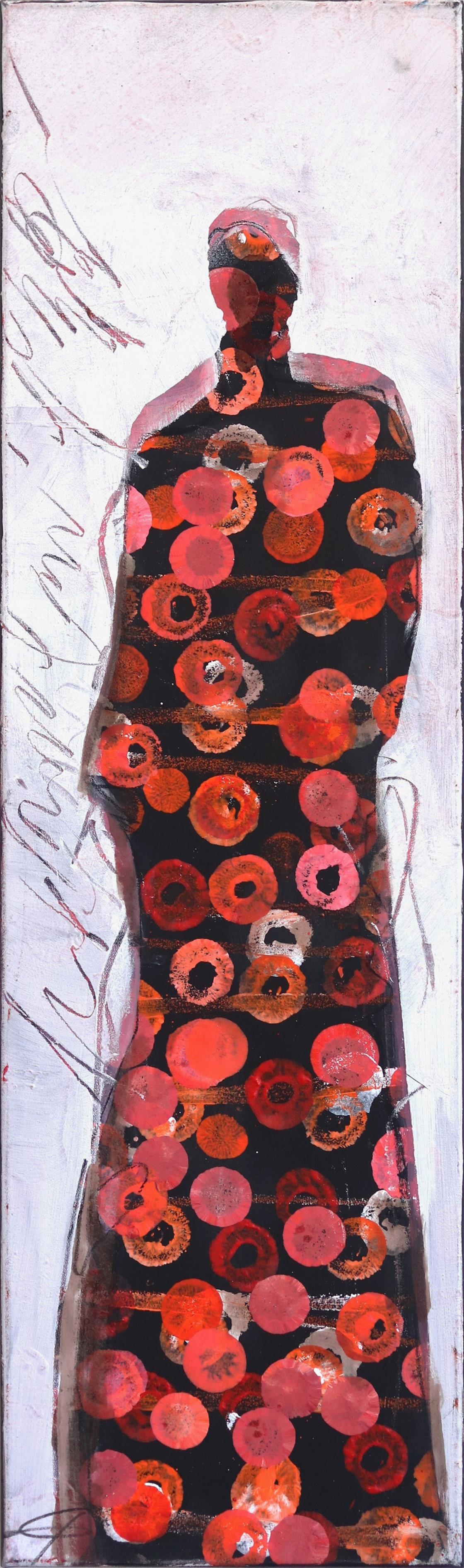 Edith Konrad Figurative Painting - 844 - Tall Skinny Red Abstract Figurative Textured Artwork on Canvas