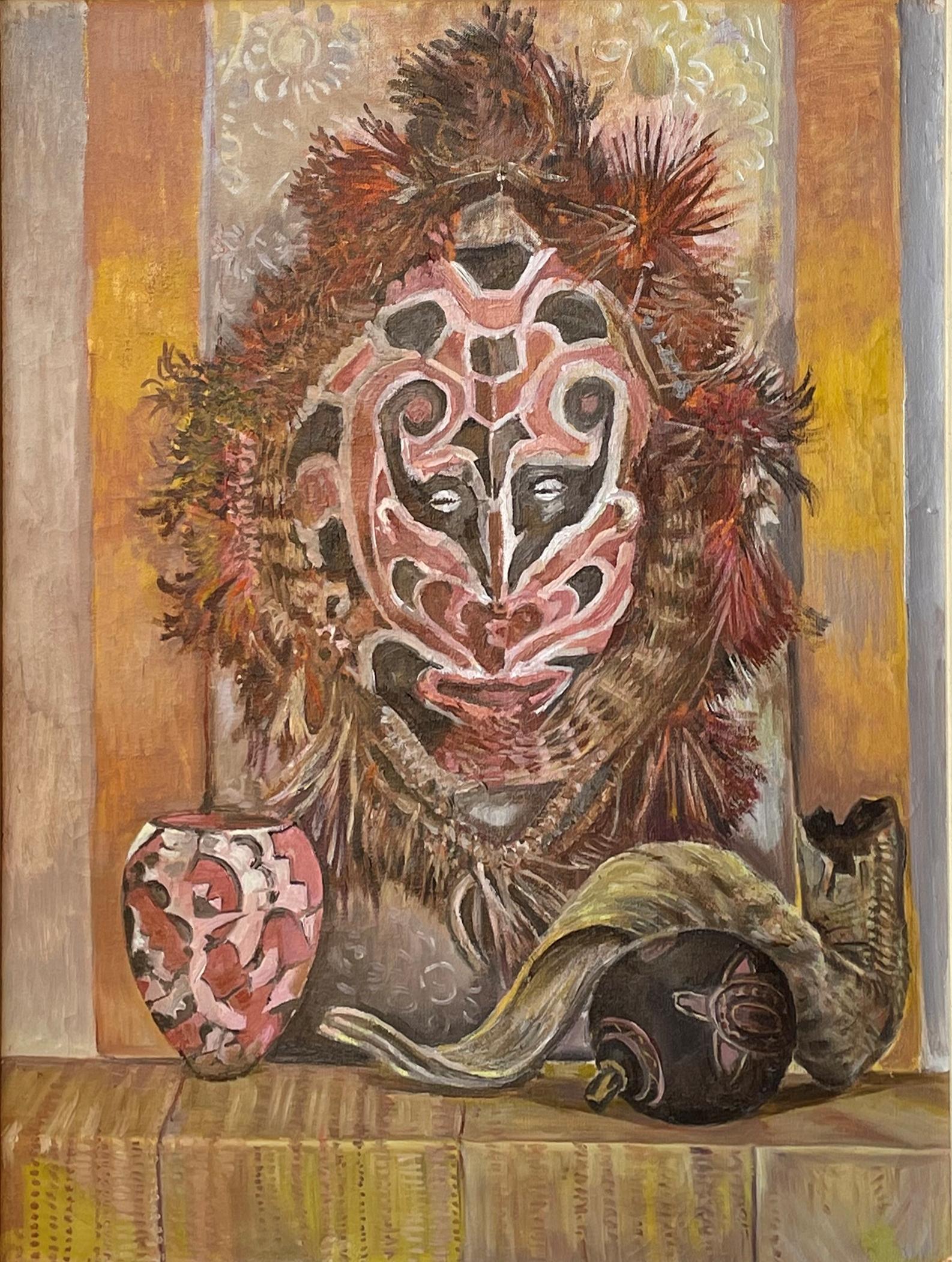 Edith Kramer (1916 - 2014)
Nature morte avec masque, s.d.
Huile sur toile
26 x 20 pouces (66 x 51 cm)
Signé et titré sur le châssis

Provenance :
Propriétaire de l'artiste

Kramer est né à Vienne, en Autriche-Hongrie, en 1916. À l'âge de 13 ans,