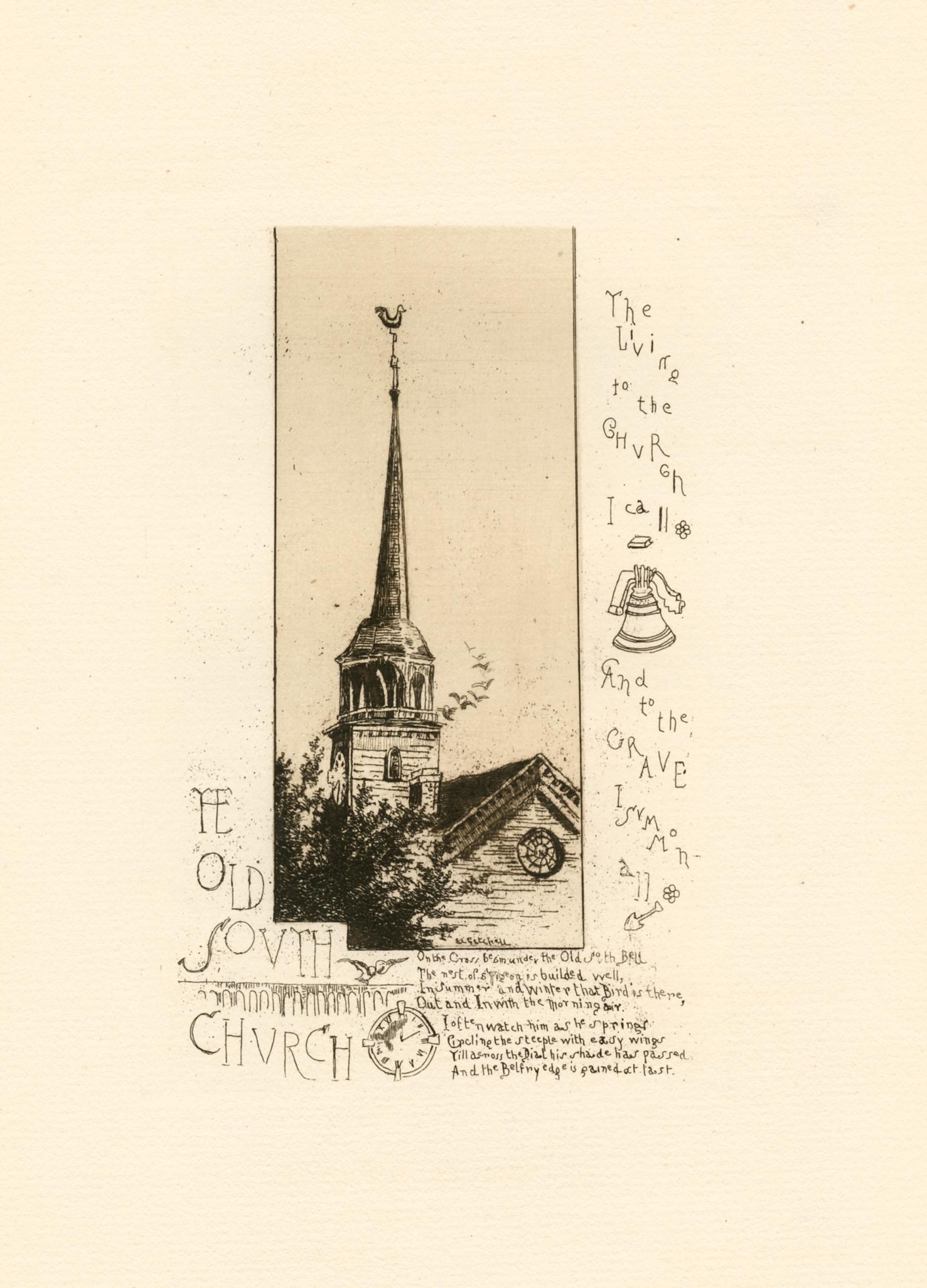 "Old South Church" original etching - Print by Edith Loring Getchell