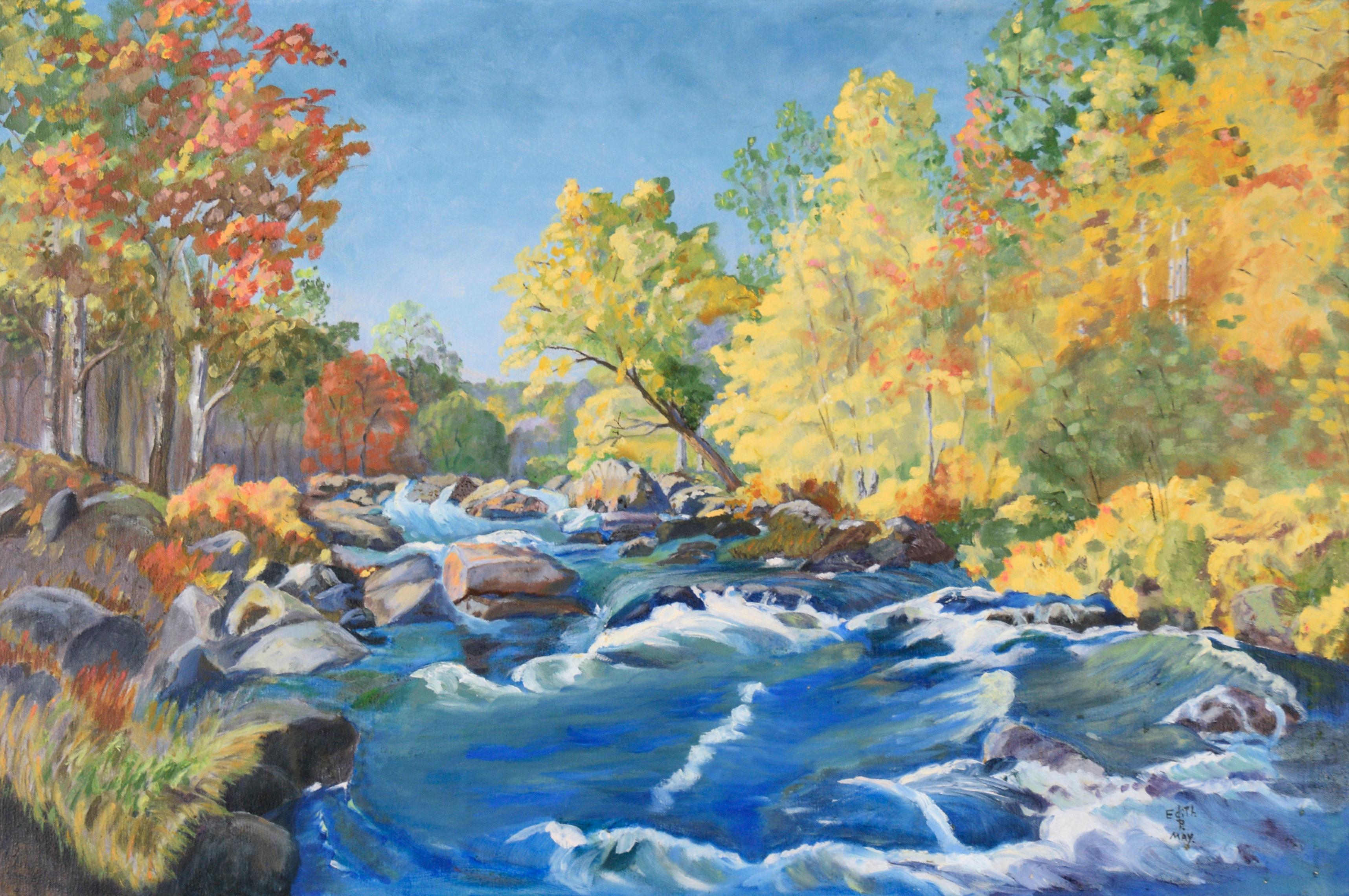 Mid-Century Autumnal Sierras Babbling Brook Landscape - Painting by Edith P. May
