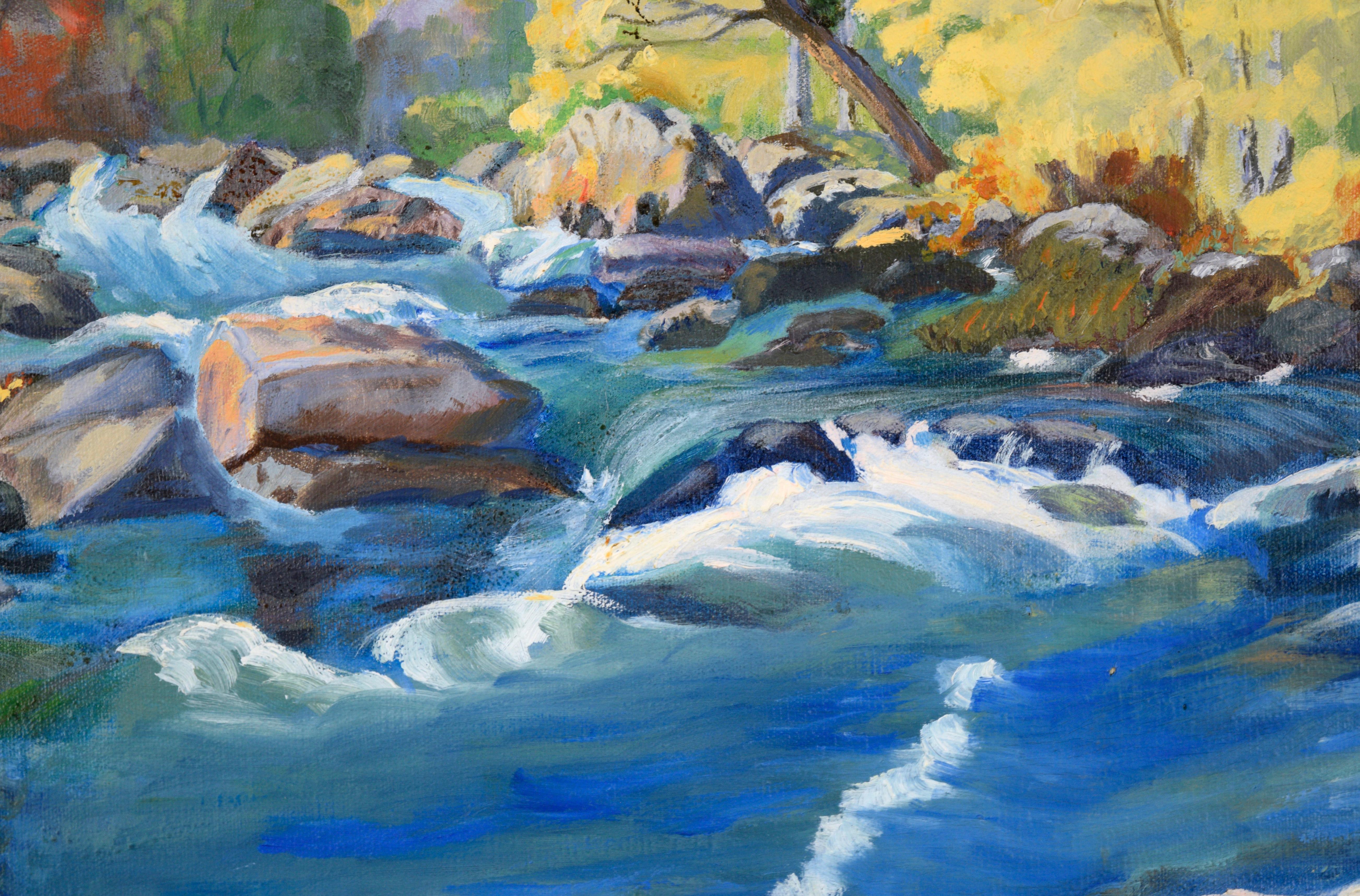 Mid-Century Autumnal Sierras Babbling Brook Landscape - Gray Landscape Painting by Edith P. May