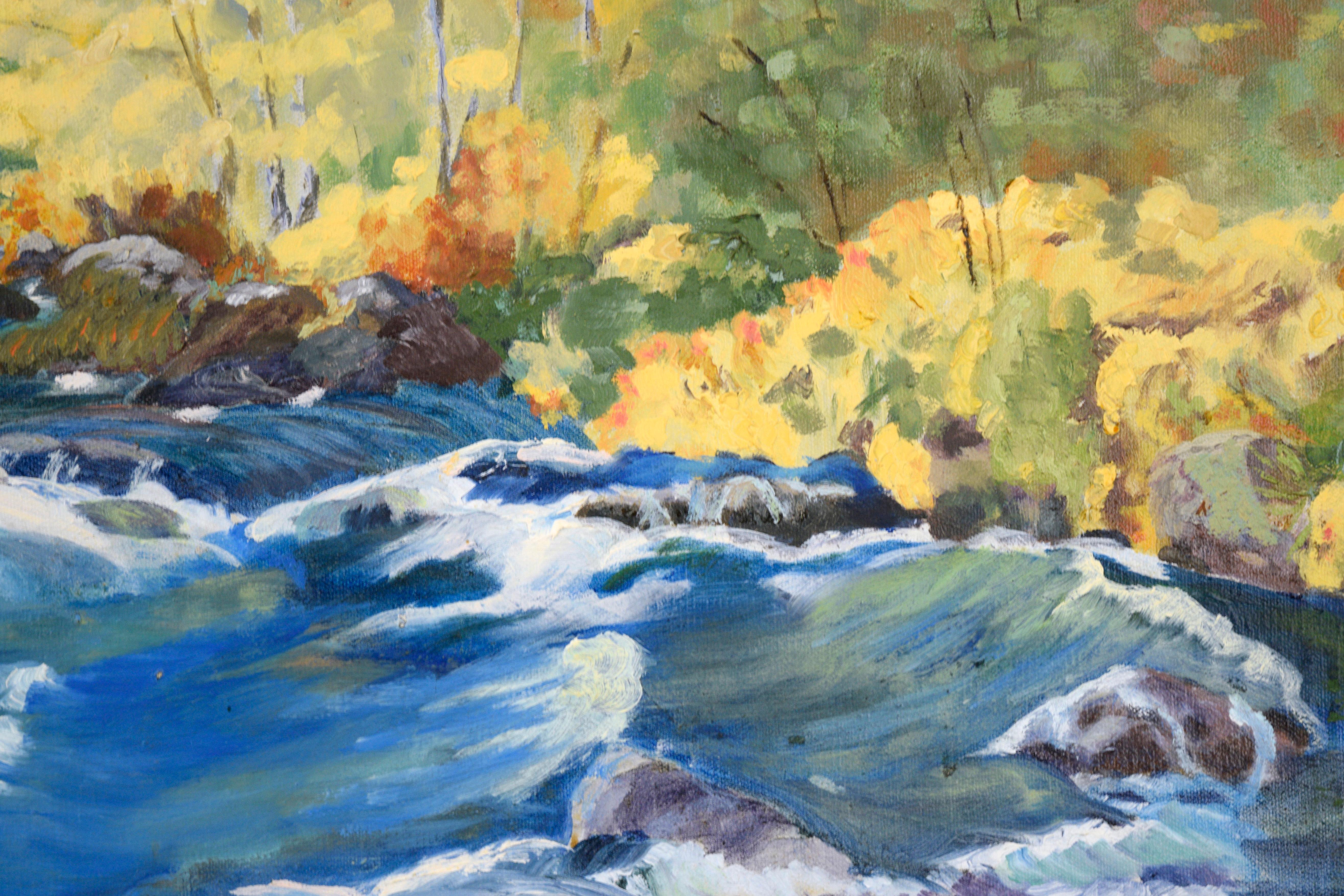 Gorgeous and vibrant landscape of California Sierra's babbling brook during autumn by California artist Edith P. May (American, 20th-C), c. 1959. Signed lower right corner. Presented in carved wooden frame. Image size: 24