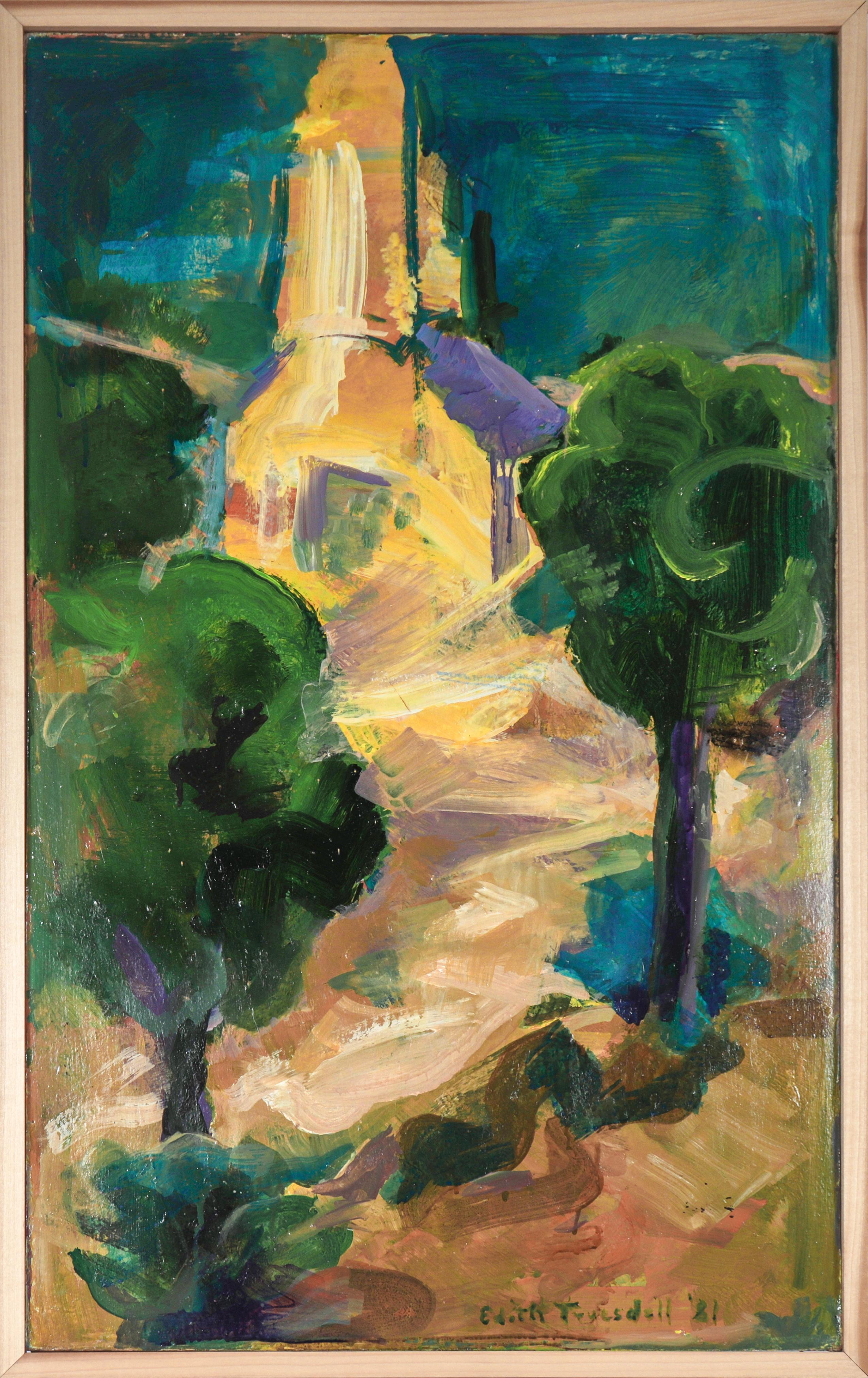 Edith Park Truesdell Abstract Painting - "A Church" 1981 Acrylic