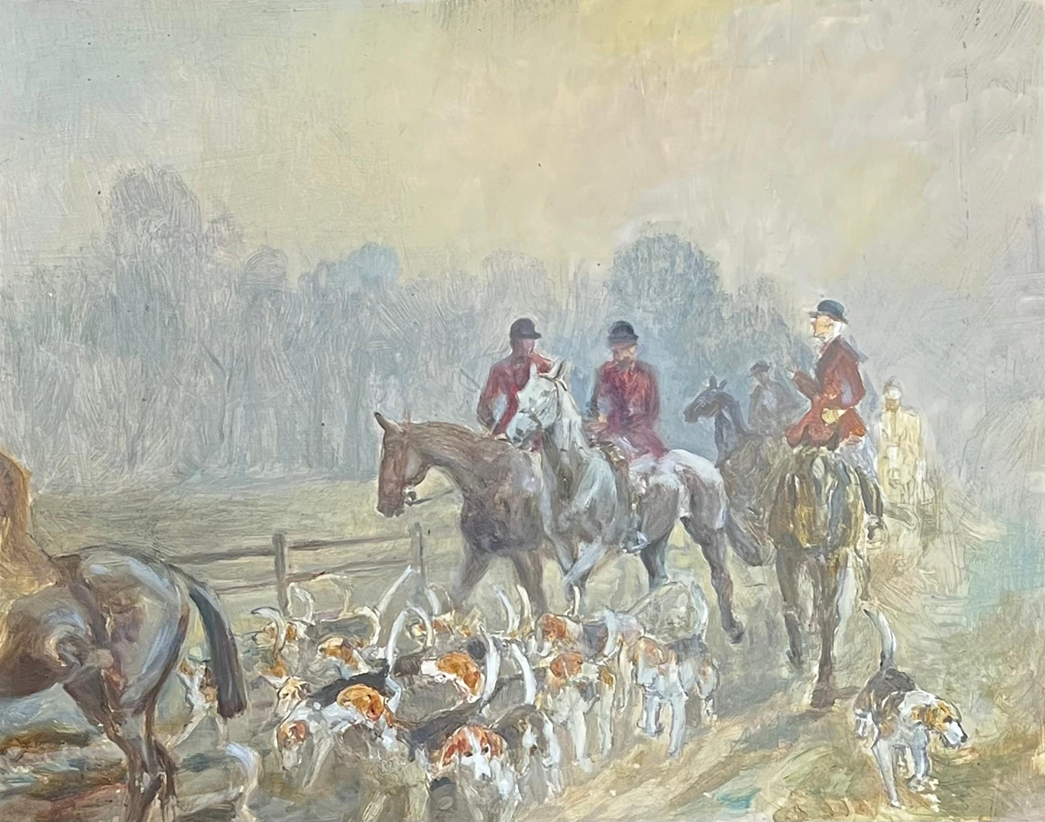 Fine 20th Century British Sporting Painting Hunting Scene Riders Horses & Hounds - Brown Landscape Painting by Edith Rees-Davies