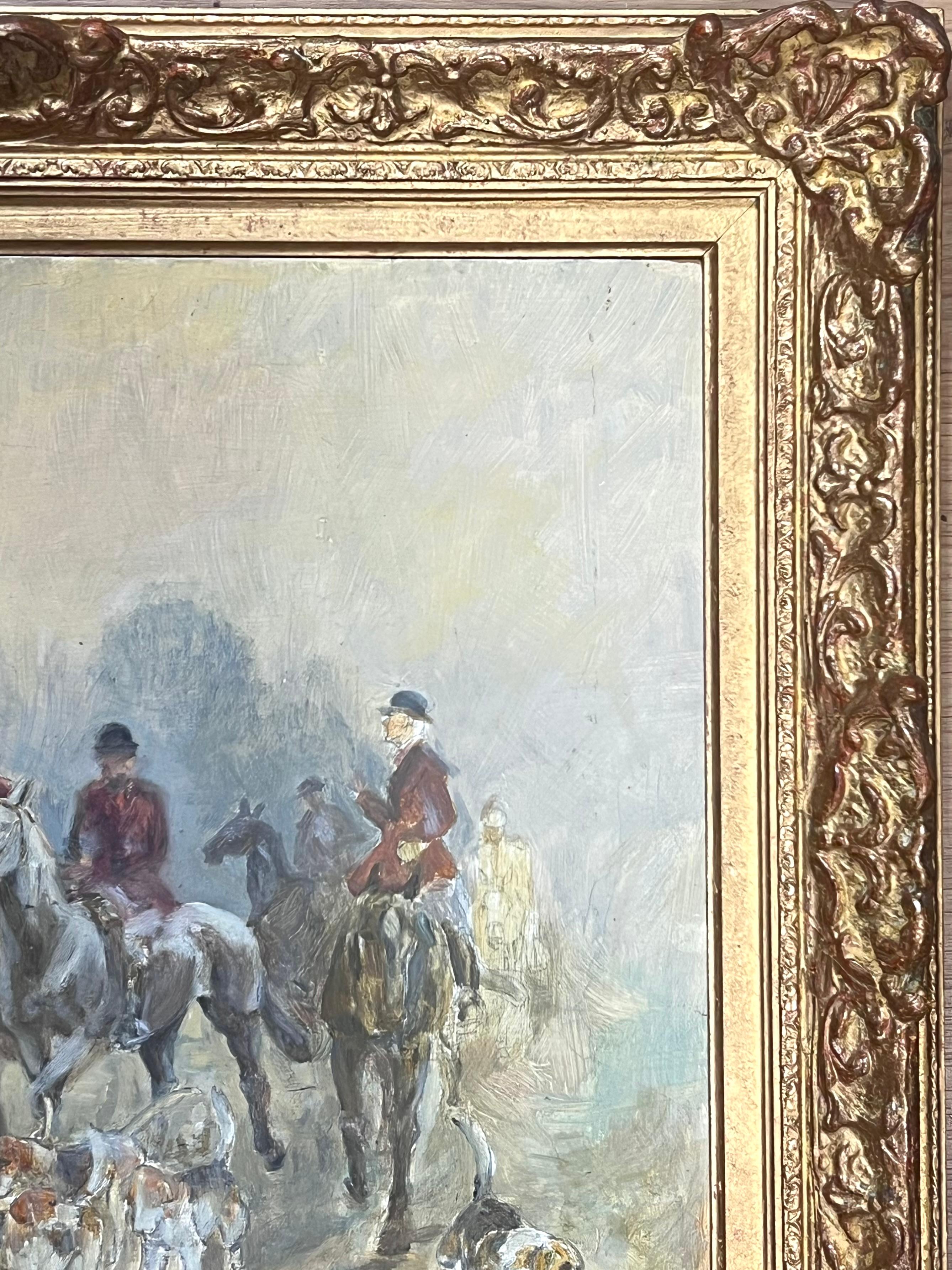 The Early Start
Hunting Scene
by Edith Rees-Davies (British, 20th century)
oil painting on board, framed
framed: 20 x 23 inches
board : 16.5 x  20 inches
Provenance: private collection, England
Condition: very good condition

For more any more