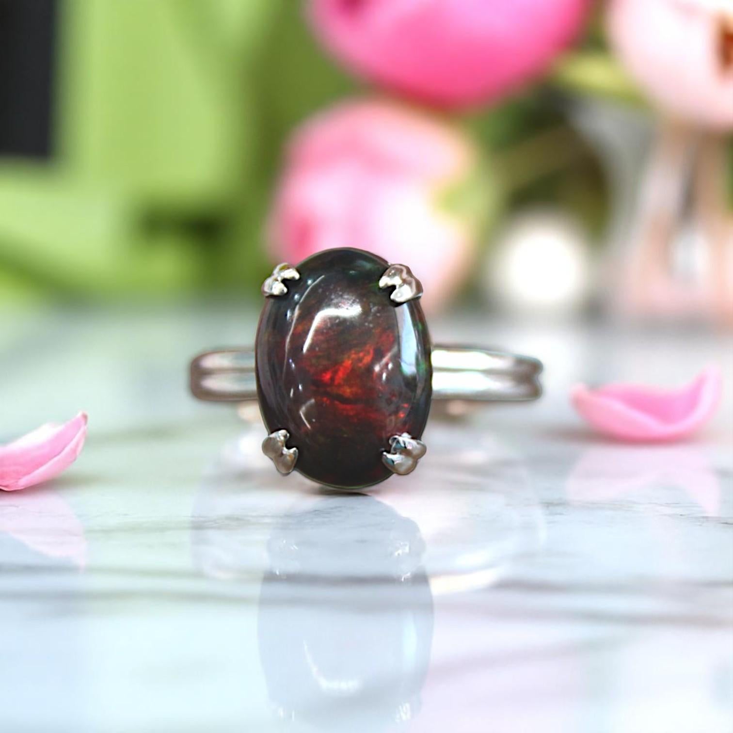 Modern Edith Ring – 14k White Gold with 5 ct Natural Black Opal & Hidden Diamond Halo For Sale