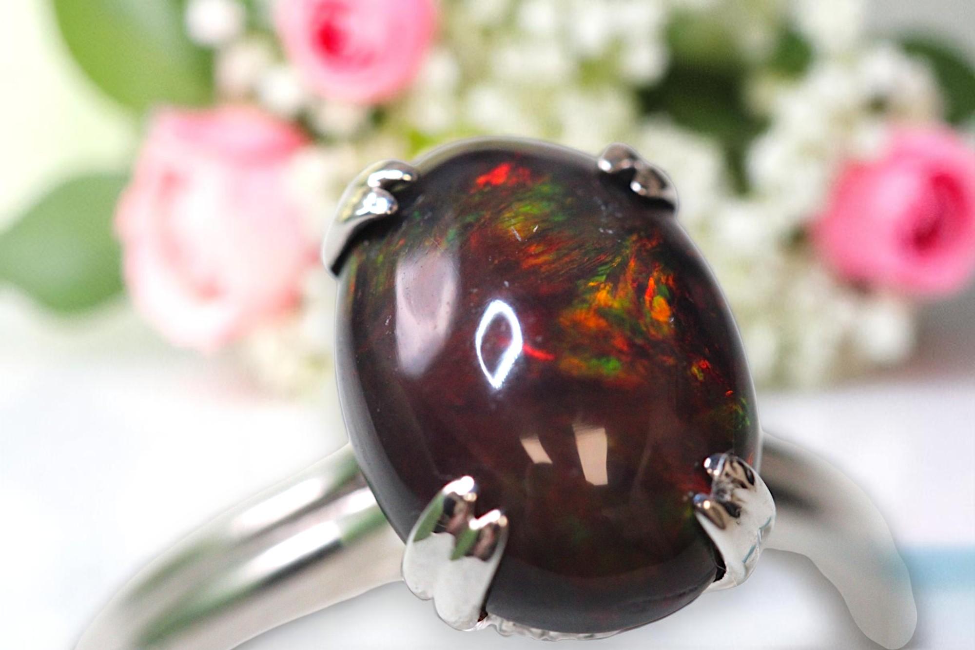 Oval Cut Edith Ring – 14k White Gold with 5 ct Natural Black Opal & Hidden Diamond Halo For Sale