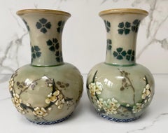Edith Rogers For Doulton Lambeth Pair Bird And Hawthorn Pottery Vases