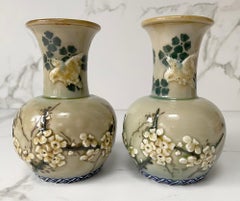 Edith Rogers For Doulton Lambeth Pair Bird And Hawthorn Pottery Vases